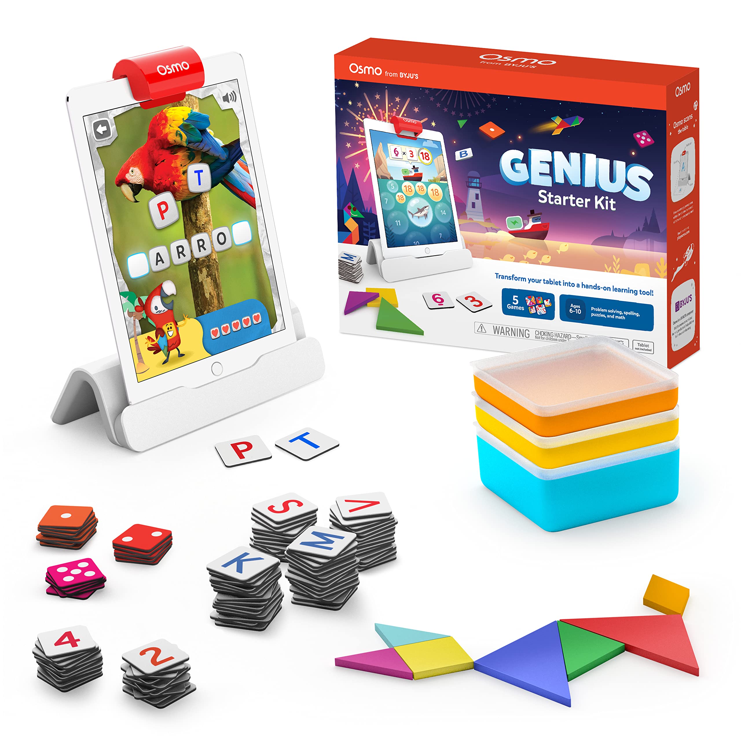 Osmo - iPad 天才入門套裝 - 5 款教育學習遊戲 - 適合 6-10 歲兒童 - 涵蓋數學、拼字、創造力等 - 適合 6-10 歲男孩女孩的 STEM 玩具禮物（含 iPad 底座）