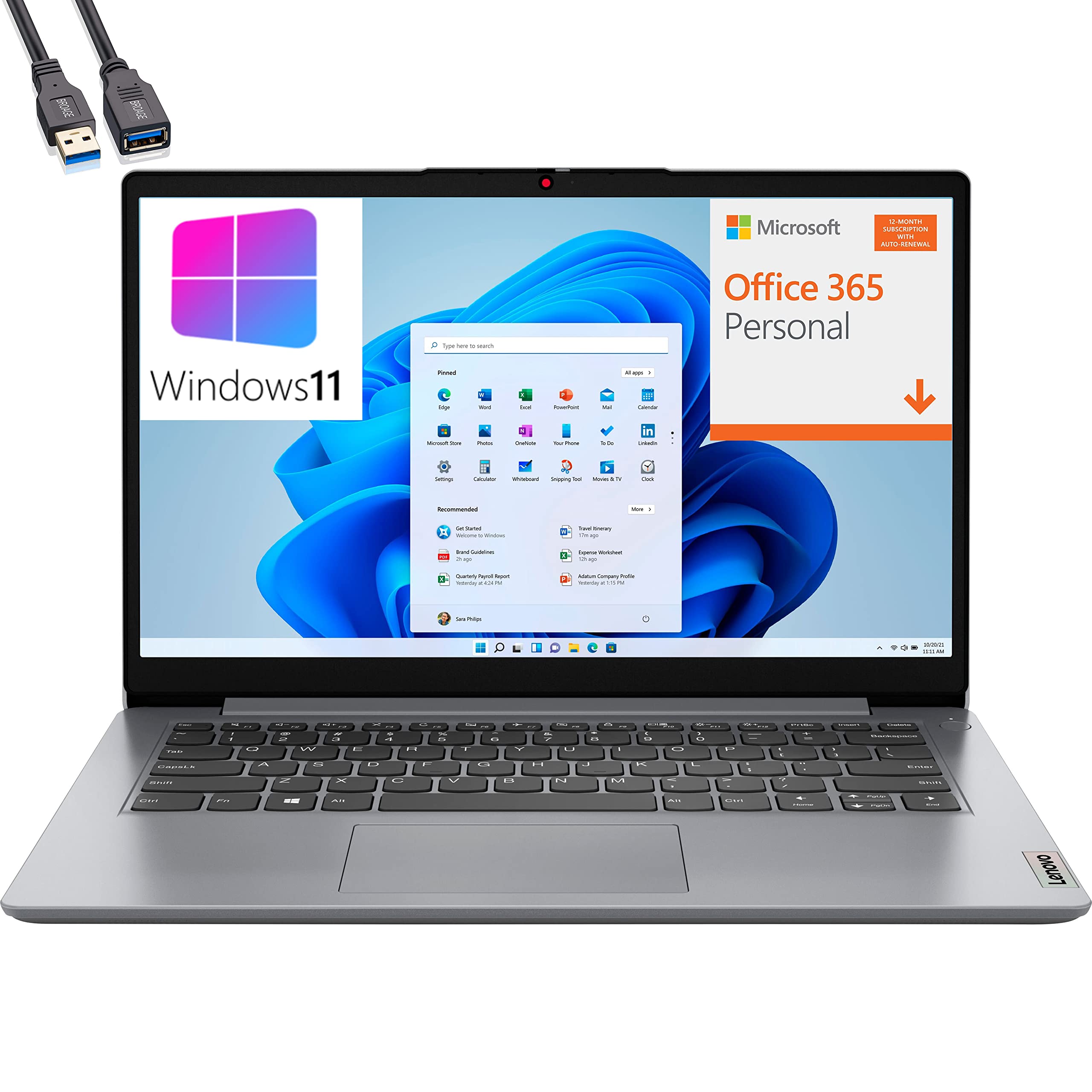 聯想 IdeaPad 1i 14 吋筆記型電腦，四核心英特爾奔騰銀牌 N5030 處理器，4GB DDR4 內存，128GB eMMC 存儲，WiFi 6，藍牙 5.1，雲灰色，Windows 11 S 作業系統，BROAG USB 延長線