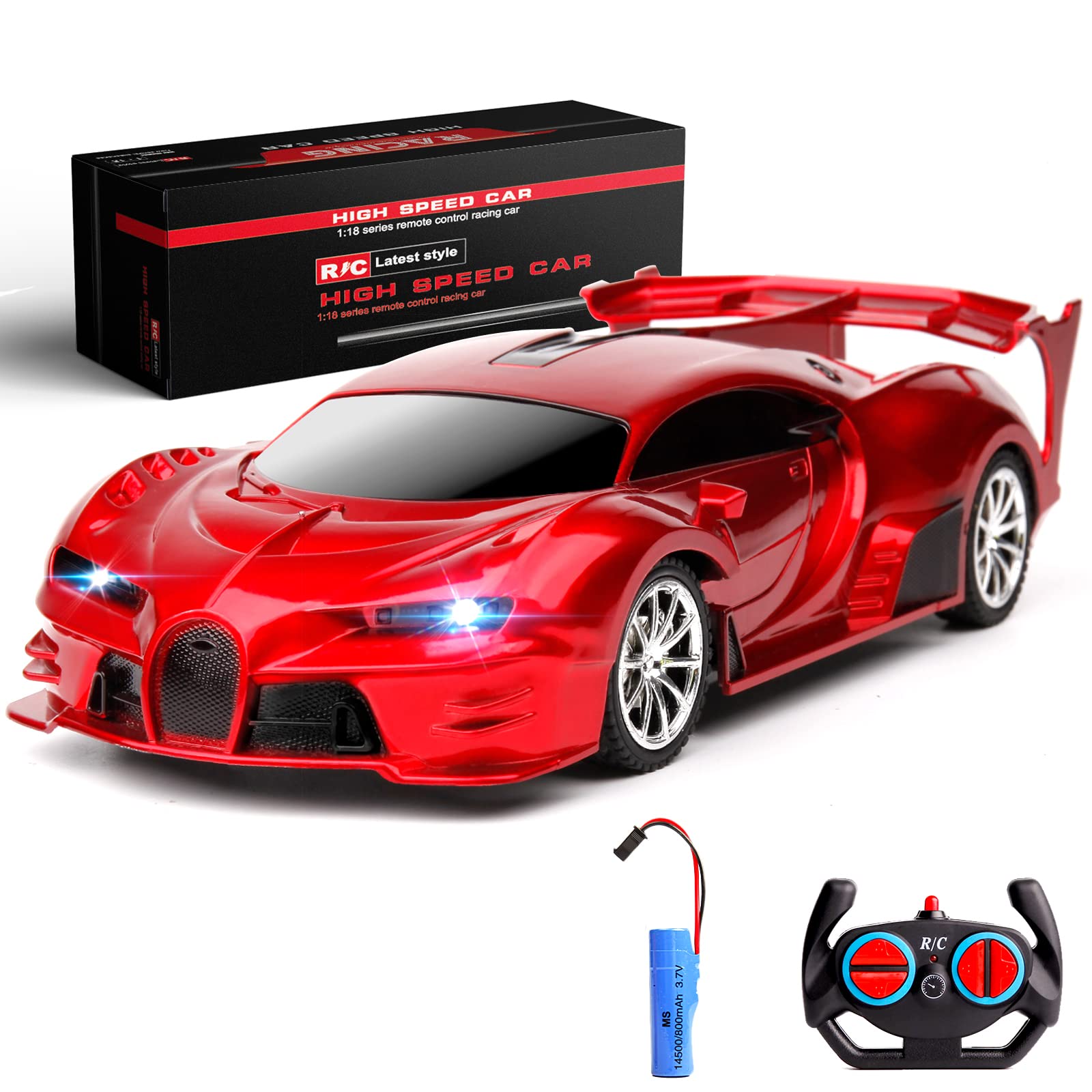KULARIWORLD 遙控車 2.4Ghz 可充電高速 1/18 RC 遙控車玩具，適合男孩女孩，賽車愛好，帶前燈，聖誕節生日禮物，兒童禮物（紅色）