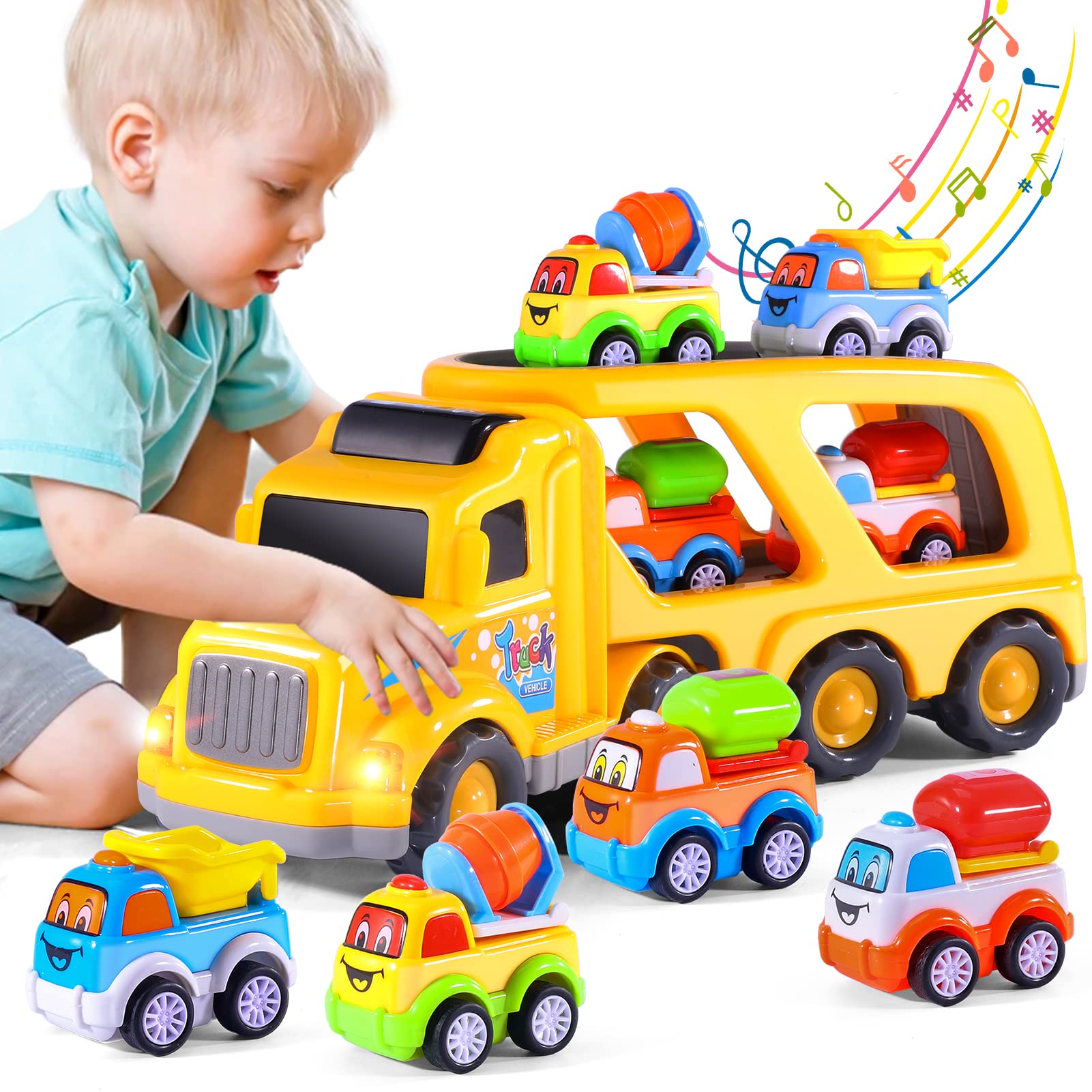 iHaHa 玩具卡車，適合 1-5 歲幼兒男孩，五合一多功能運輸卡車工程車玩具，兒童男孩女孩幼兒聖誕節生日禮物，帶燈光音效