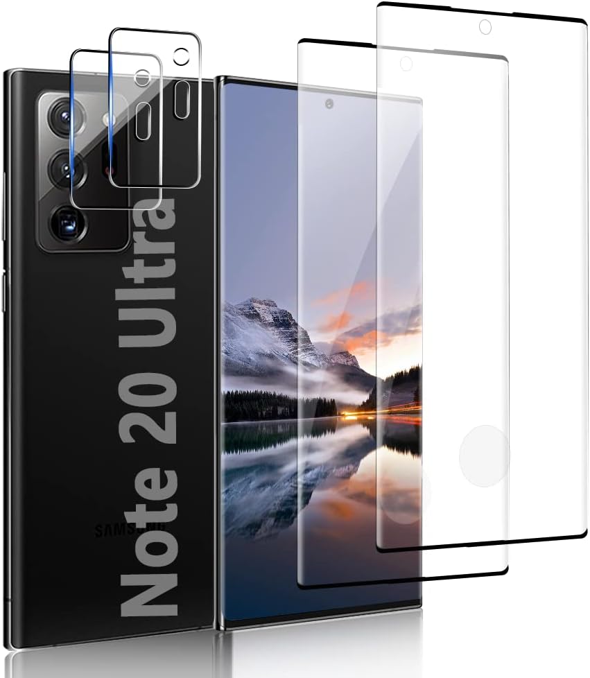 【2+2 片裝】三星 Galaxy Note 20 Ultra 強化玻璃螢幕保護貼，9H 硬度，支援指紋解鎖，3D 曲面設計，高清透明，無氣泡，適用於三星 Galaxy Note 20 Ultra 螢幕及相機（6.9 吋）