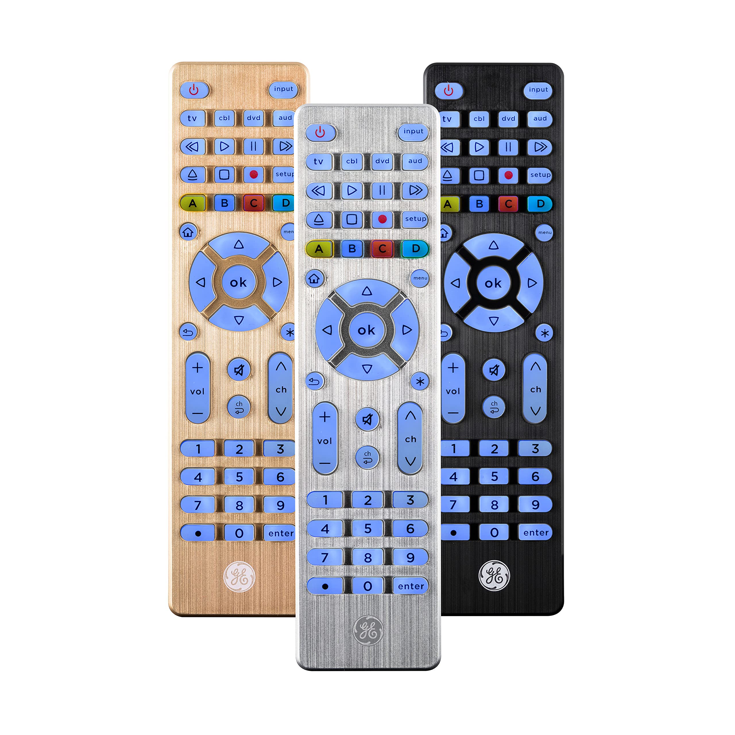 GE背光通用遙控器，適用於三星、Vizio、LG、索尼、夏普、Roku、Apple TV、TCL、松下等品牌的智慧電視、串流播放器、藍光播放器、DVD播放器，設定簡單，可控制4台設備，銀色，48844