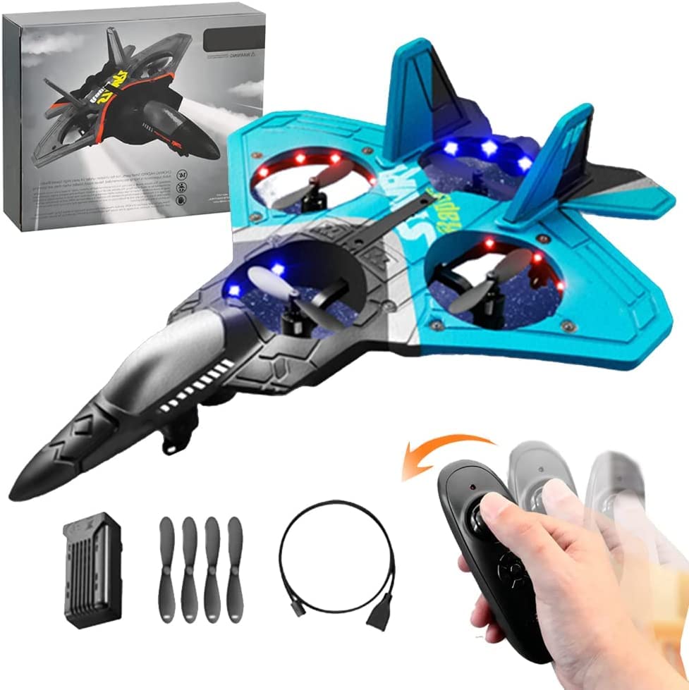 2023 V17 噴射機特技遙控飛機 -【新款】遙控飛機，2.4GHz 遙控飛機，360° 特技旋轉遙控及燈光遙控飛機，防摔戰鬥機滑翔機模型玩具（藍色）
