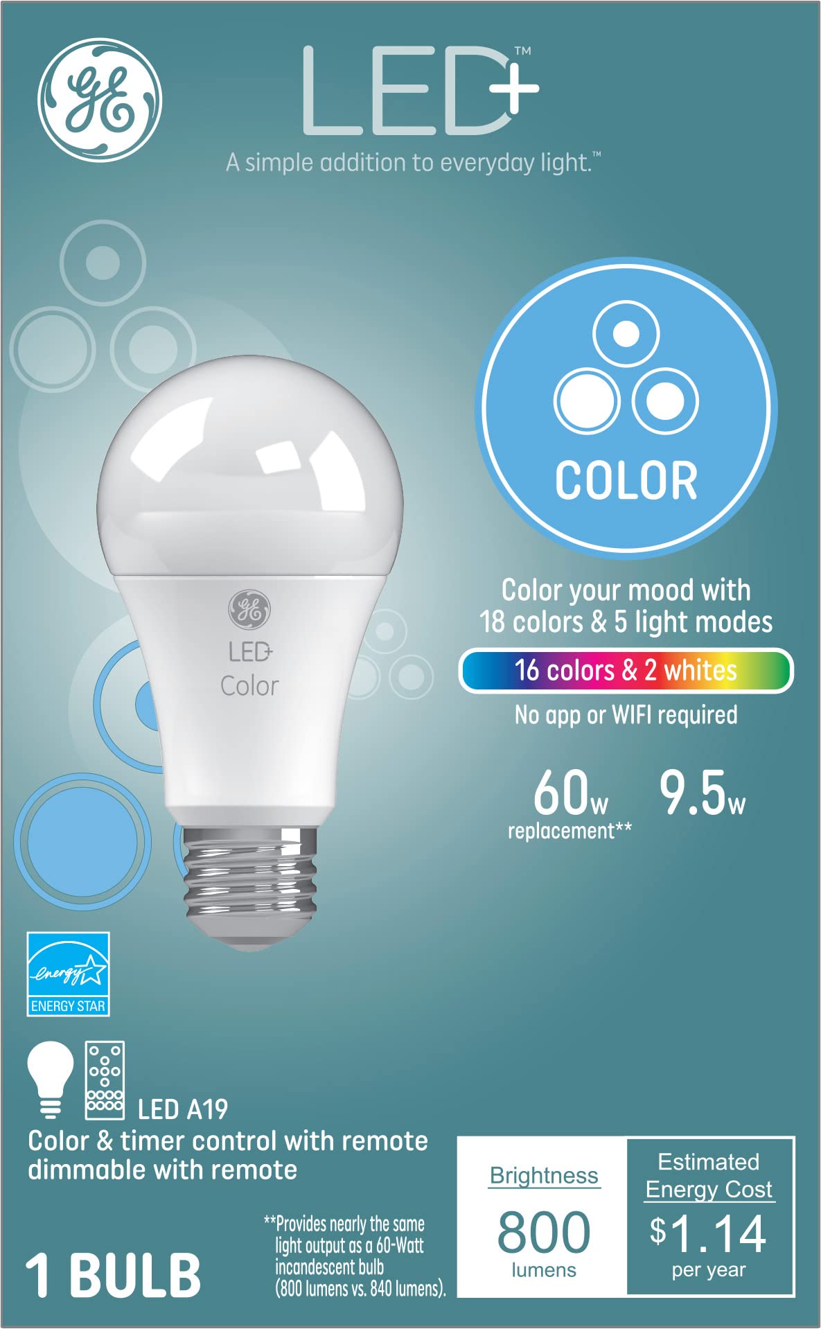 GE LED+ 變色燈泡，18 種顏色和 5 種燈光模式，無需應用程式或 Wi-Fi，附帶遙控器，A19 燈泡（1 個裝）