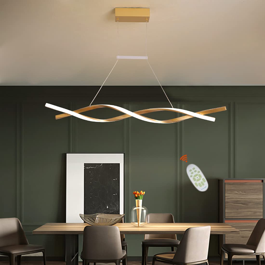 ZipLighting 現代吊燈 壓克力無段調光過渡風格吊燈 LED 調光吸頂燈 波浪形吊燈 現代客廳餐廳廚房中島帶遙控器（金色）