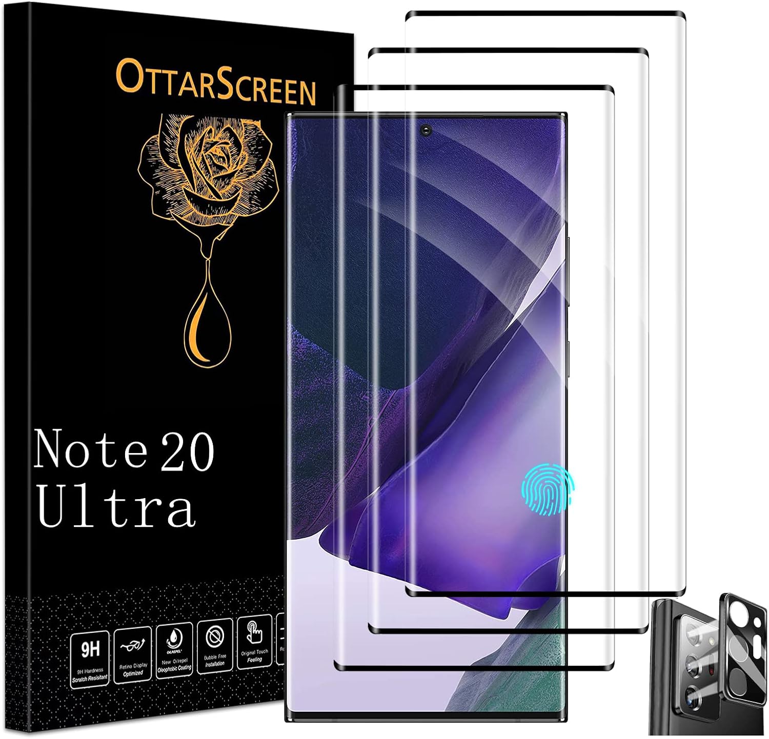 OttarScreen Galaxy Note 20 Ultra 螢幕保護貼，3 片裝強化玻璃螢幕保護貼【3+1 片裝】含 1 片強化玻璃相機鏡頭保護貼片 [3D 玻璃] 9H 硬度強化玻璃螢幕