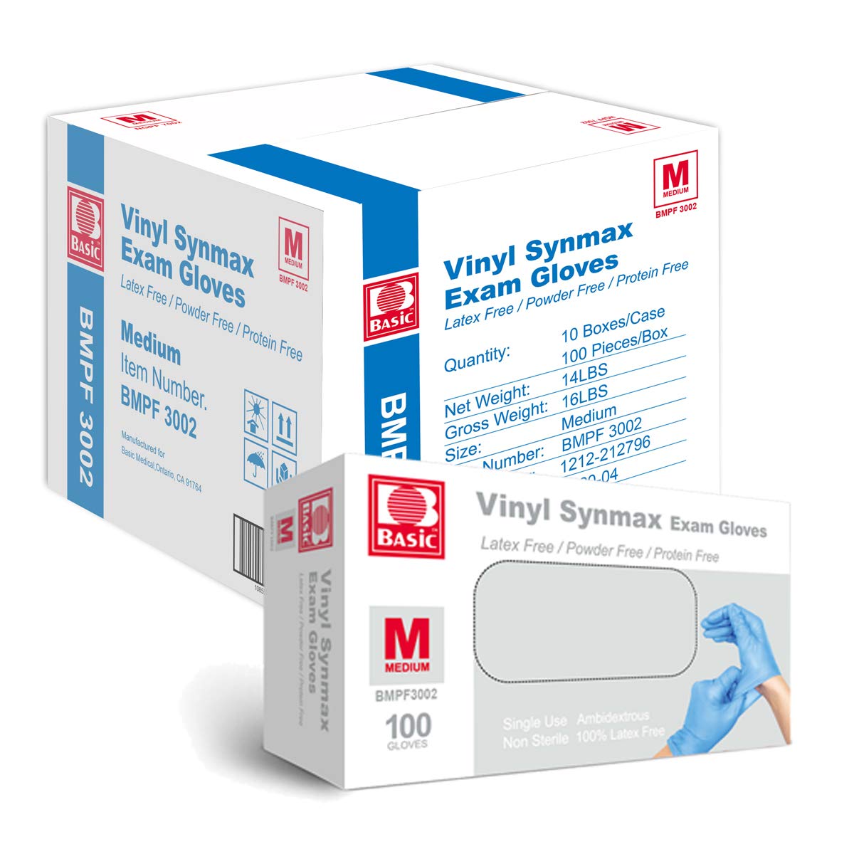 Basic Medical Synmax 乙烯基檢查手套 - 無乳膠無粉 - 中號，BMPF-3002（1000隻/箱）