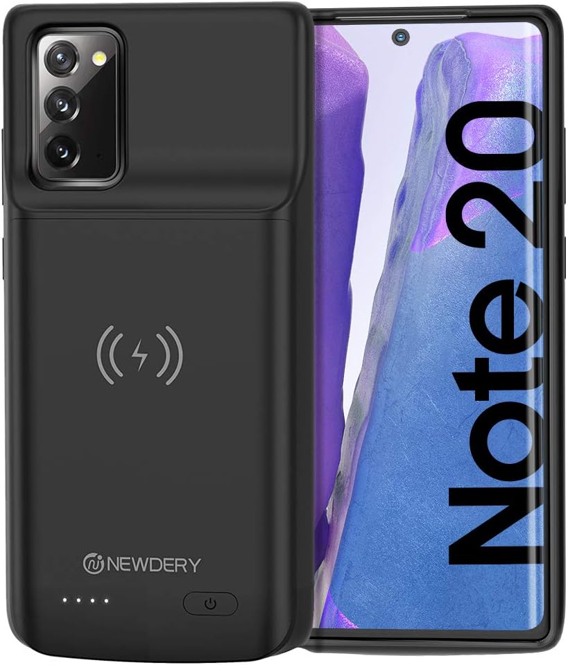 NEWDERY 適用於三星 Galaxy Note 20 的 6000mAh 電池保護殼，支援 Qi 無線充電，可充電電池，延長備用電源，適用於三星 Galaxy Note 20（6.7 英寸，黑色）