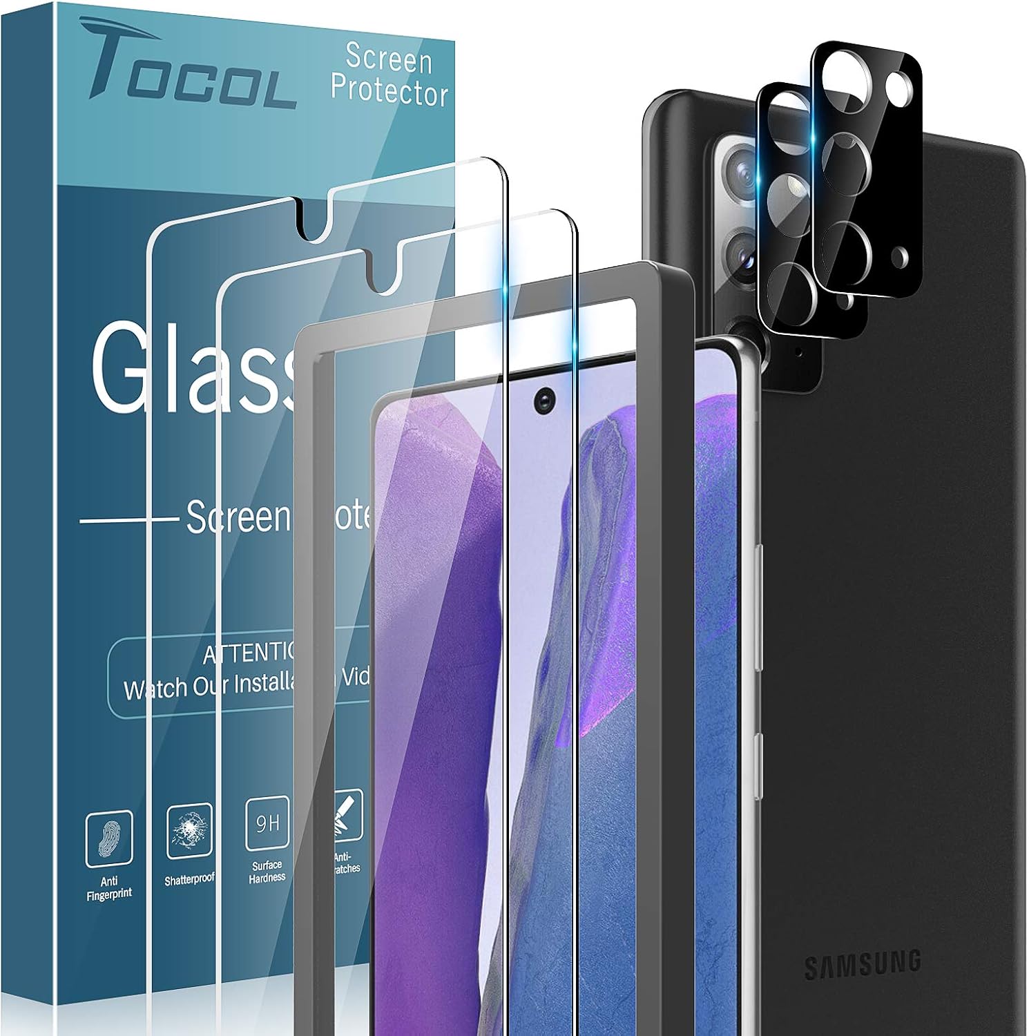 TOCOL 四件套，相容於三星 Galaxy Note 20 5G（不適用於 Ultra）——2 片強化玻璃螢幕保護貼和 2 片強化玻璃相機鏡頭保護膜，無氣泡，相容於手機殼，9H 硬度