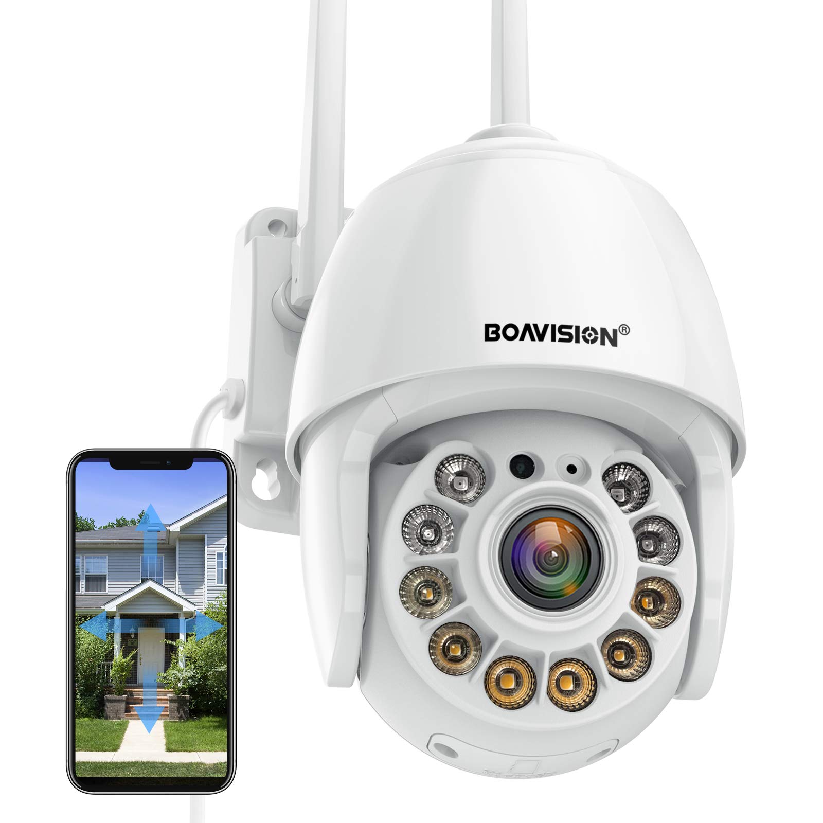 BOAVISION 戶外無線 WiFi IP 攝影機家用安防系統，360° 全景視角，行動偵測，自動追踪，雙向通話，高清 1080P 雲台全彩夜視