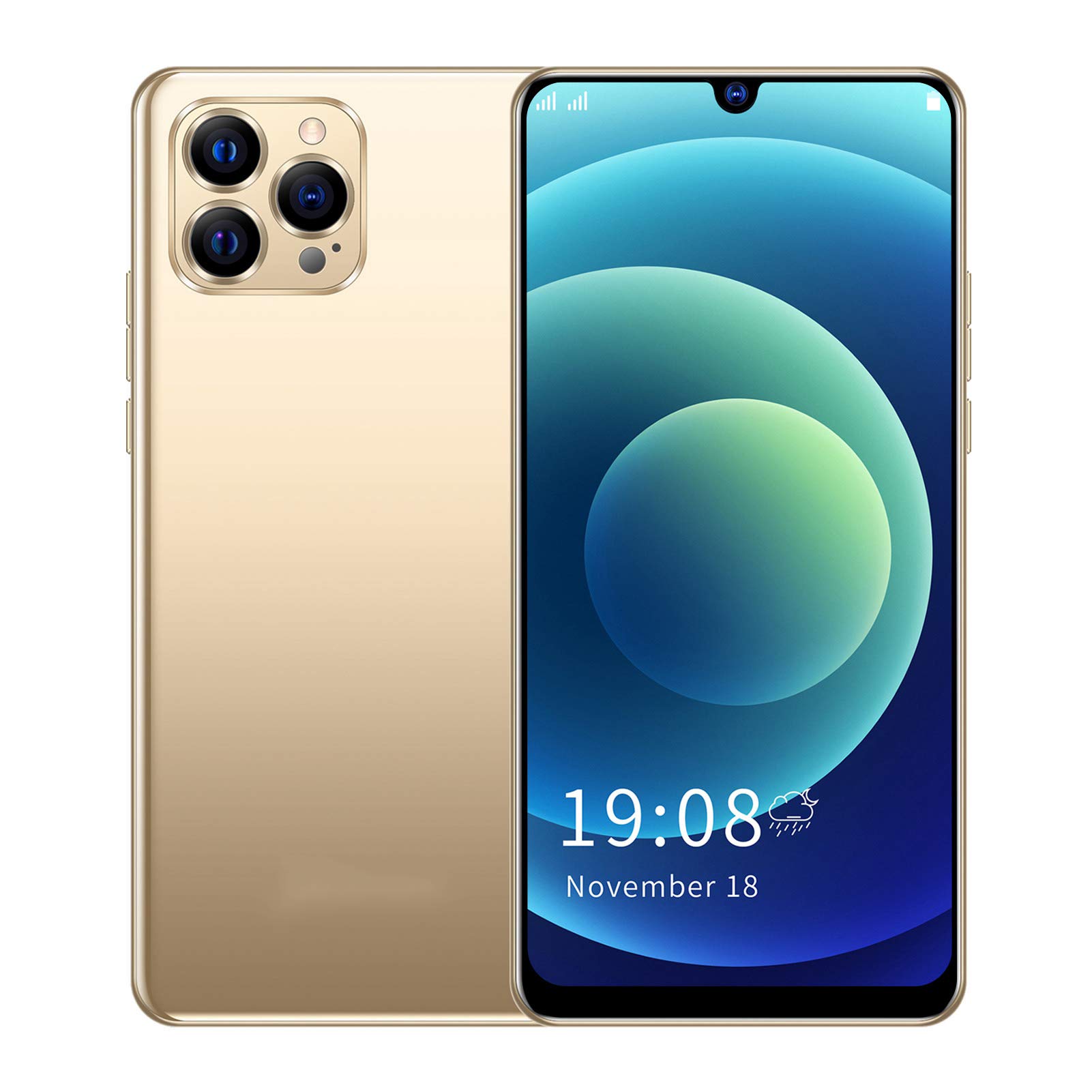 Dilwe1 i12 Pro MAX 解鎖智慧型手機，6.26吋高清撞擊螢幕手機，1+8G雙卡雙待手機，贈送128G內存卡，安卓10.0系統，金色（美國）
