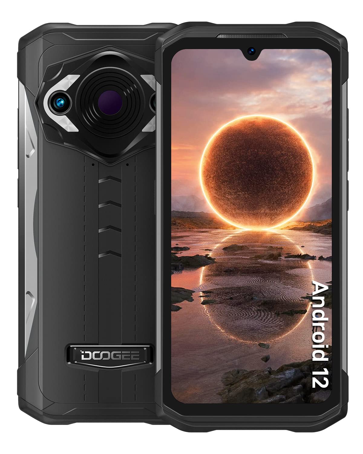 DOOGEE S98 PRO 三防智慧型手機，8GB+256GB 安卓 12 系統，配備熱成像攝像頭、4800 萬像素前置攝像頭和 2000 萬像素夜視攝像頭，6000mAh 大容量電池，FHD 高清分辨率，IP68 級防水，支援 NFC 近場通信。