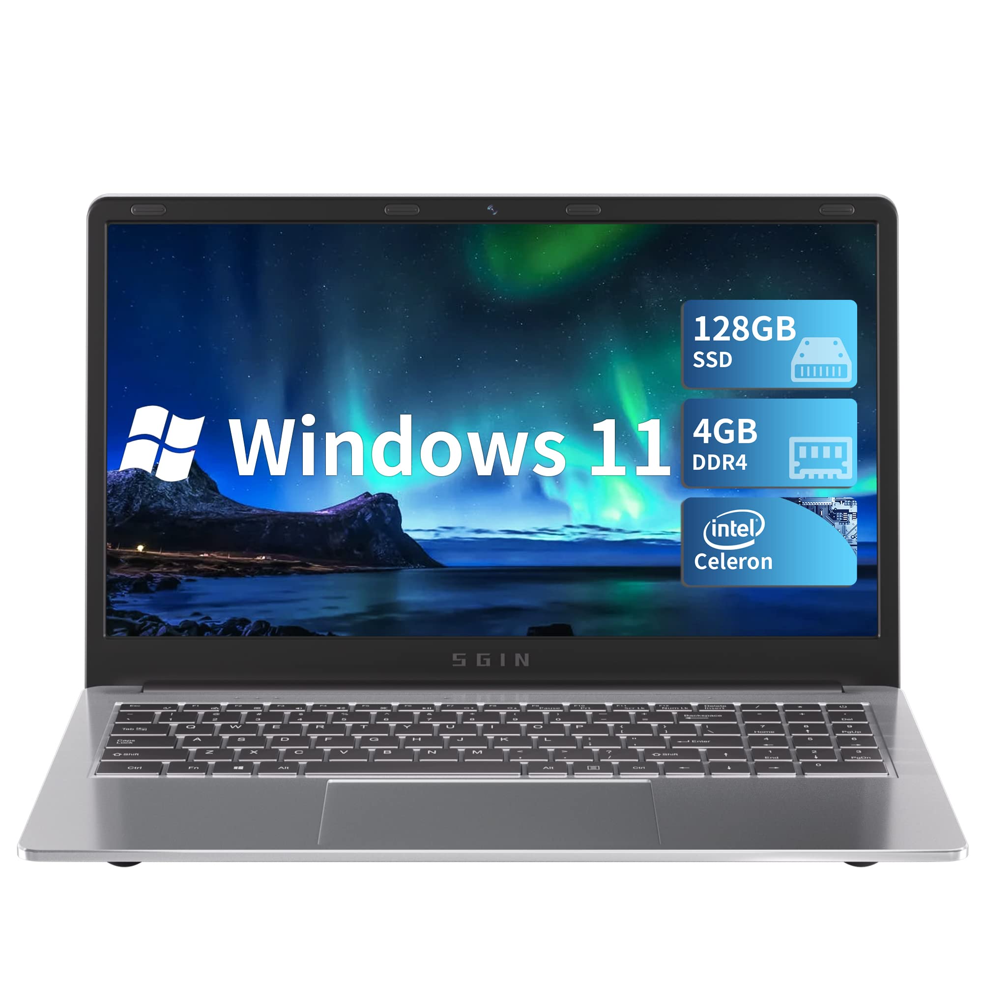 SGIN 15.6吋筆記型電腦，配備4GB DDR4記憶體、128GB固態硬碟、Windows 11作業系統，搭載英特爾賽揚N4020C處理器（最高可達2.8GHz）、英特爾UHD Graphics 600整合顯卡、迷你HDMI介面、WiFi、網路攝影機、USB 3.02。