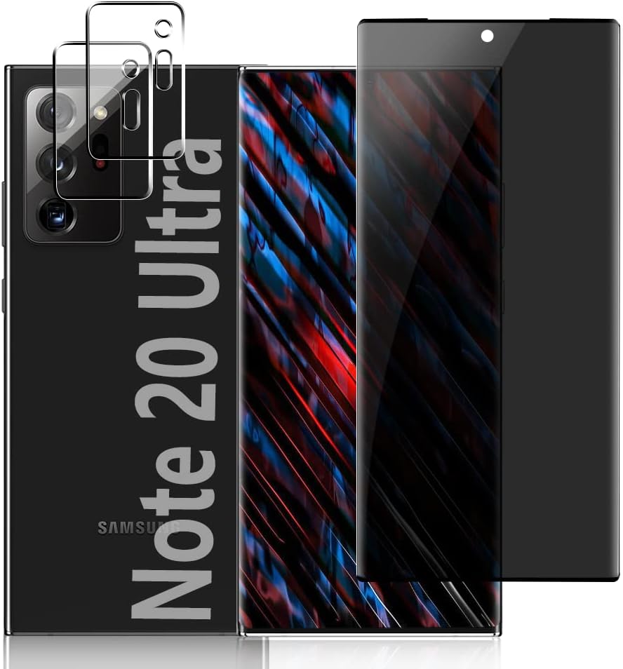 Geviaho [1+2 片裝] 三星 Galaxy Note 20 Ultra 6.9 吋鋼化玻璃隱私螢幕保護貼和相機鏡頭保護膜，3D 全覆蓋，9H 硬度高清防窺膜