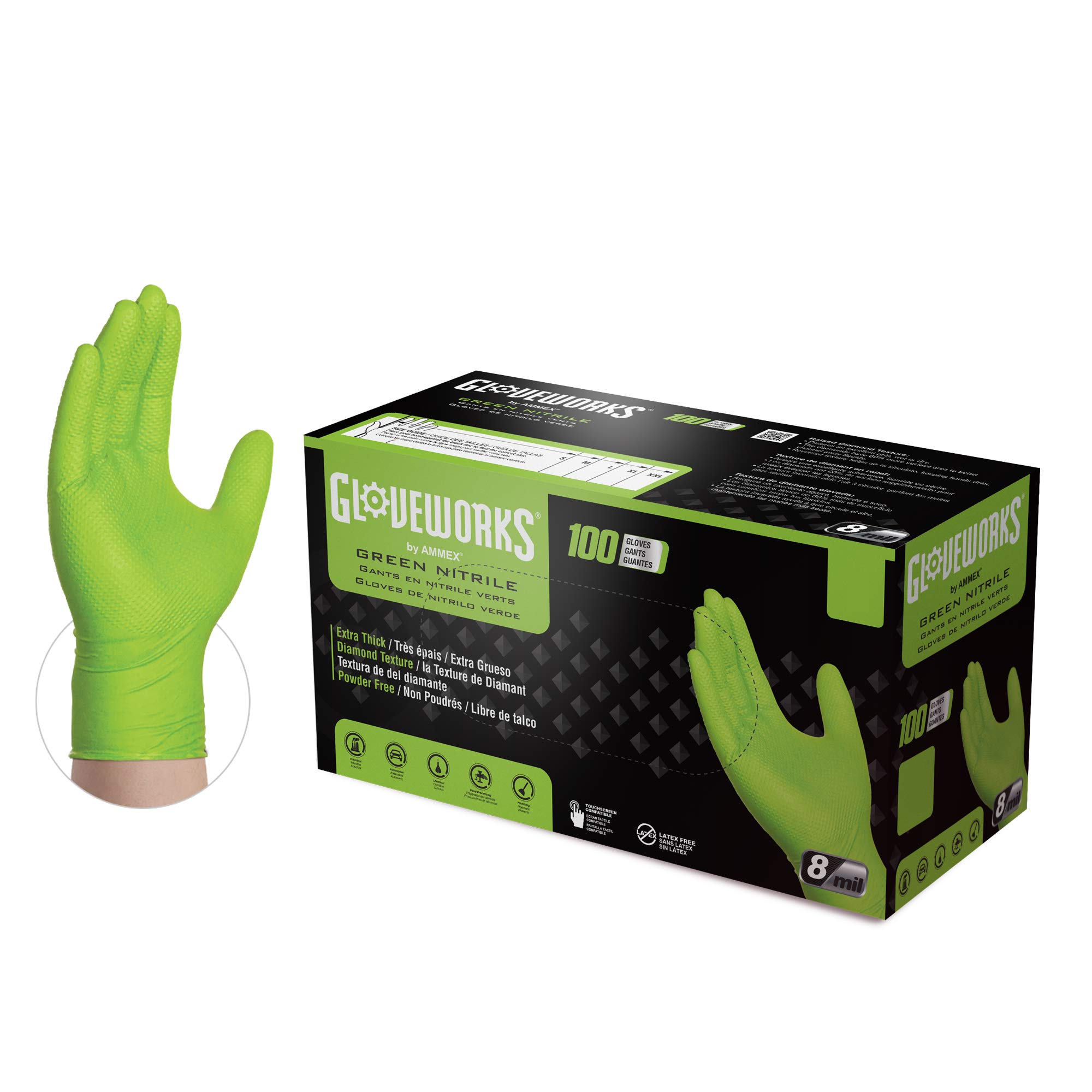 GLOVEWORKS HD 綠色丁腈工業一次性手套，8 密耳，不含乳膠，菱形紋理，XXL 碼，100 隻裝