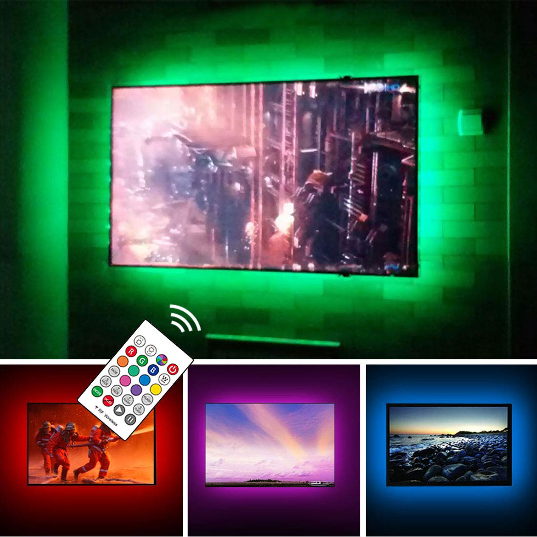適用於60/65吋索尼、LG、三星等高清電視的USB LED背光燈條，可用於電視機後方、遊戲室、家庭劇院等場所的裝飾照明，帶變色射頻遙控器保護套，四面均可使用。