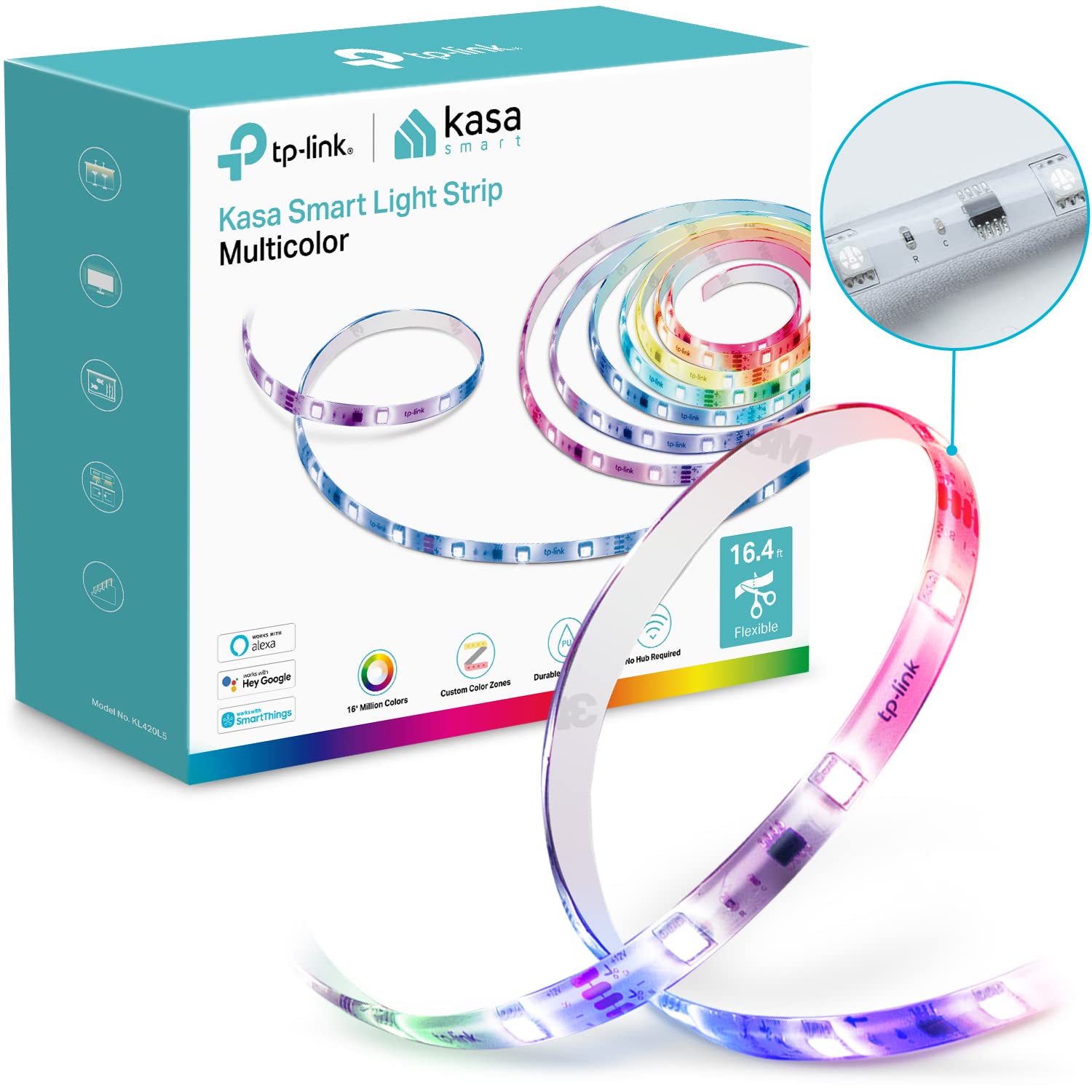 Kasa 智慧 LED 燈帶，50 個顏色區域 RGBIC，16.4 英尺 Wi-Fi LED 燈帶，相容於 Alexa、Google Home 和 SmartThings，高亮度，1600 萬種顏色，PU 塗層，可裁剪，2 年保固 (KL420L5)