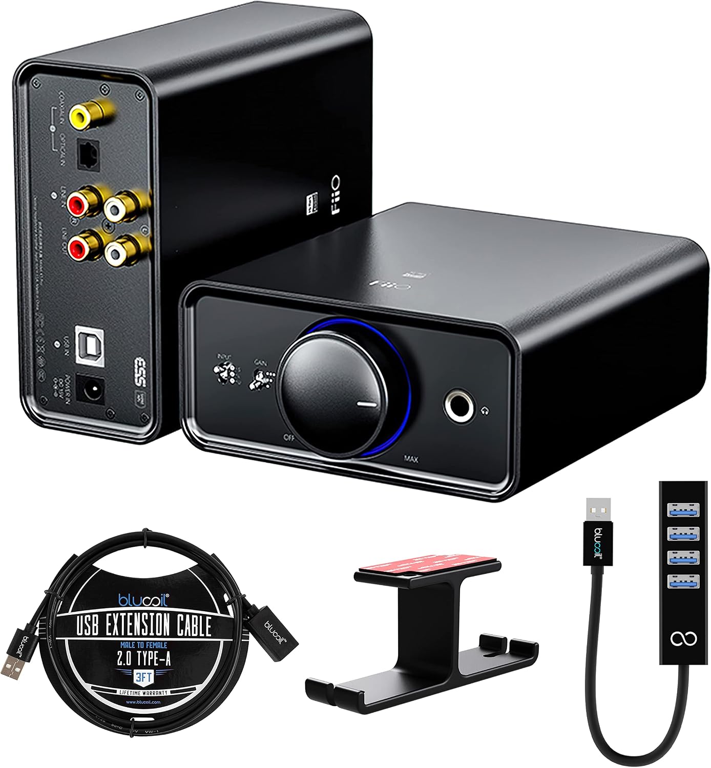 FiiO K5 Pro ESS 耳機擴大機立體聲高解析度便攜式桌面 DAC 768K/32Bit 和原生 DSD512 套裝，包含 Blucoil USB-A 迷你集線器、3 吋 USB 延長線和鋁製耳機線