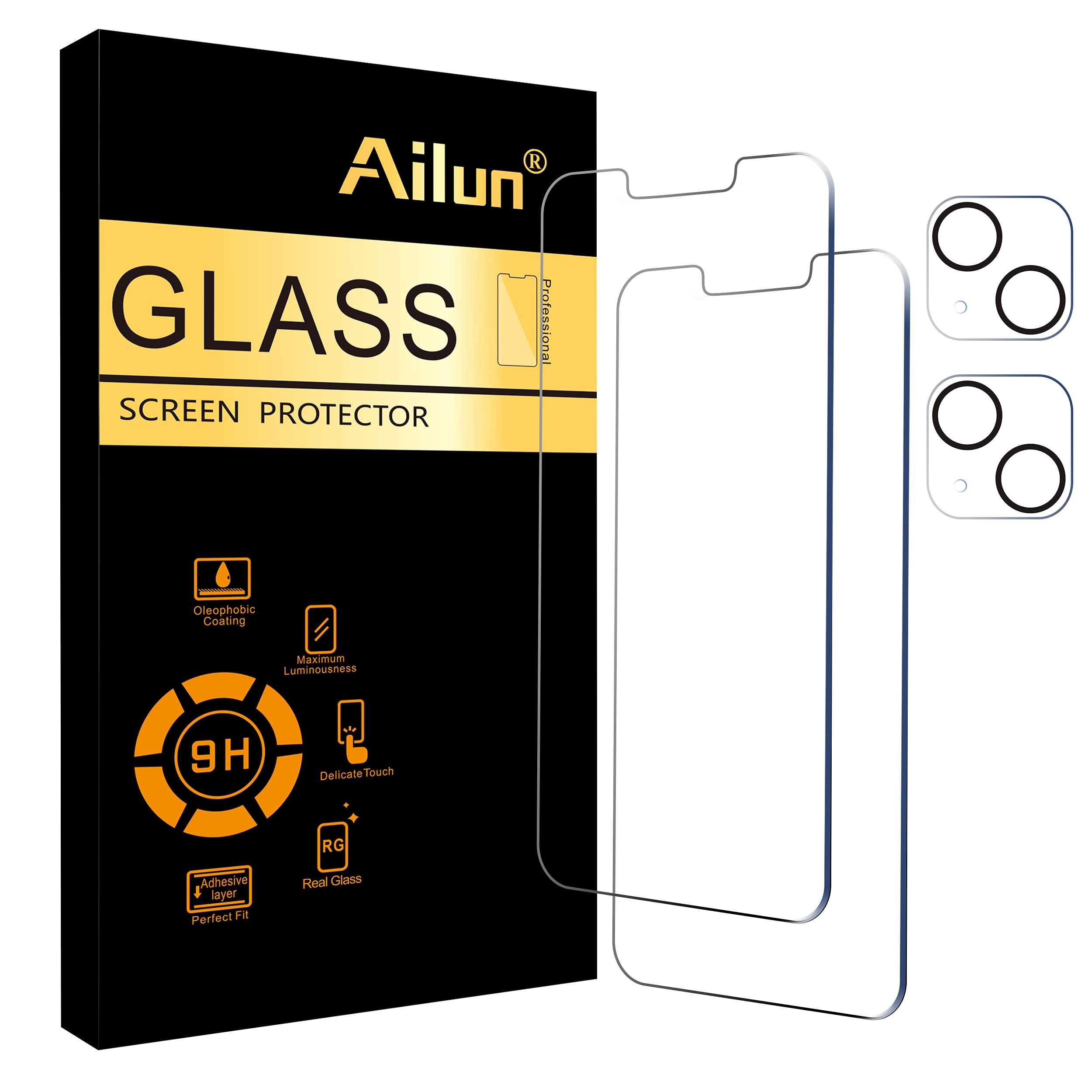 Ailun 適用於 iPhone 13 mini [5.4 吋] 顯示器的 2 片裝螢幕保護貼（2021 年），含 2 片強化玻璃相機鏡頭保護膜，[9H 硬度]-高清
