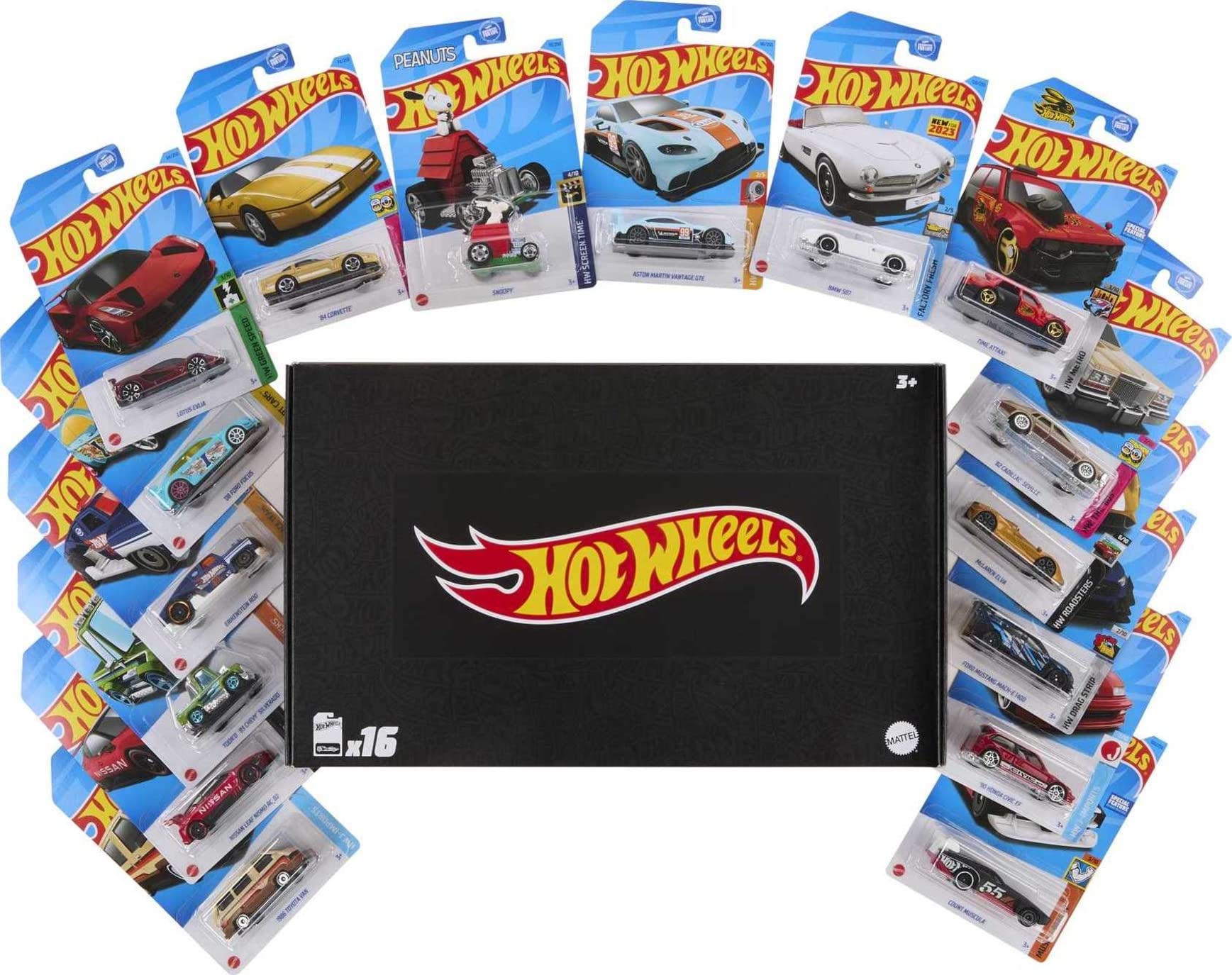 Hot Wheels 黑盒 1:64 比例玩具車套裝 D 款，有機會獲得尋寶車或超級尋寶車，16 輛首次亮相的壓鑄車，款式隨機 [亞馬遜獨家]