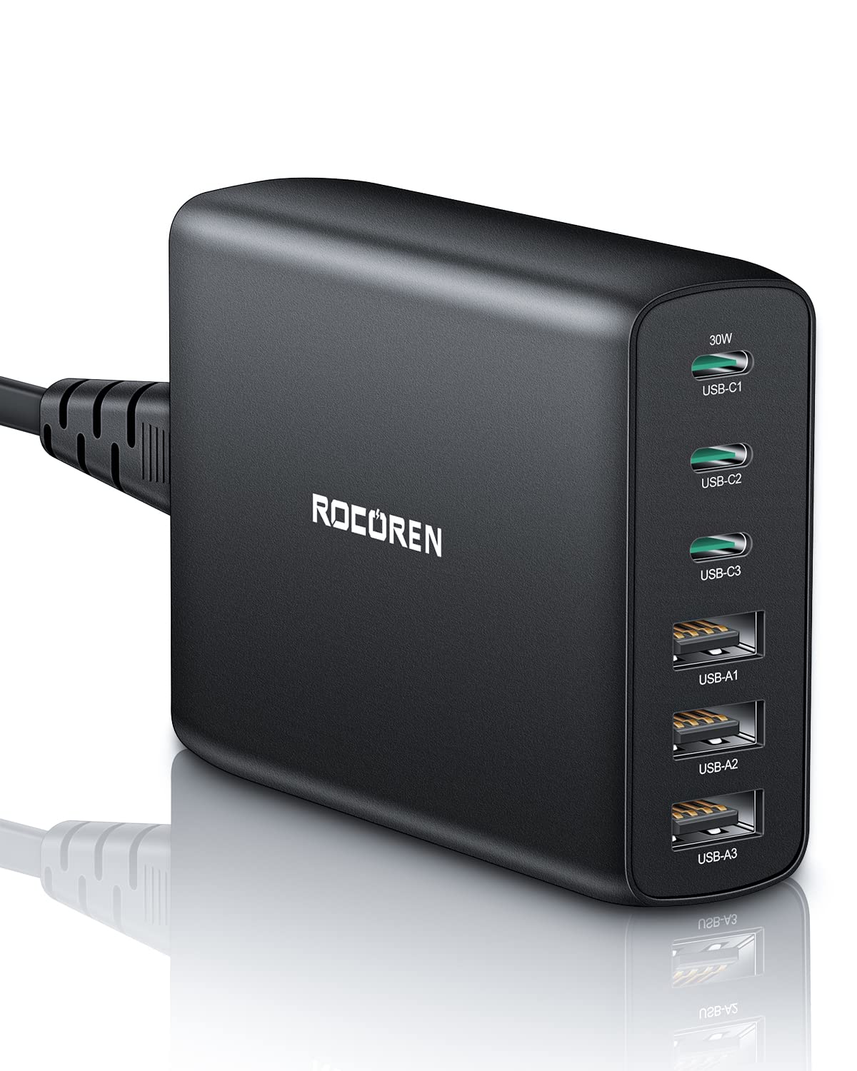 Rocoren 100W 6 埠 USB-C 充電器，多埠設計，配備 3 個 USB-C 接口和 3 個 USB-A 接口，便攜式 PD 快充 USB-C 牆式充電器，適用於 MacBook Air、iPhone 14/13/12/11 Pro Max、iPad、Pixel、三星 Galaxy 等設備。