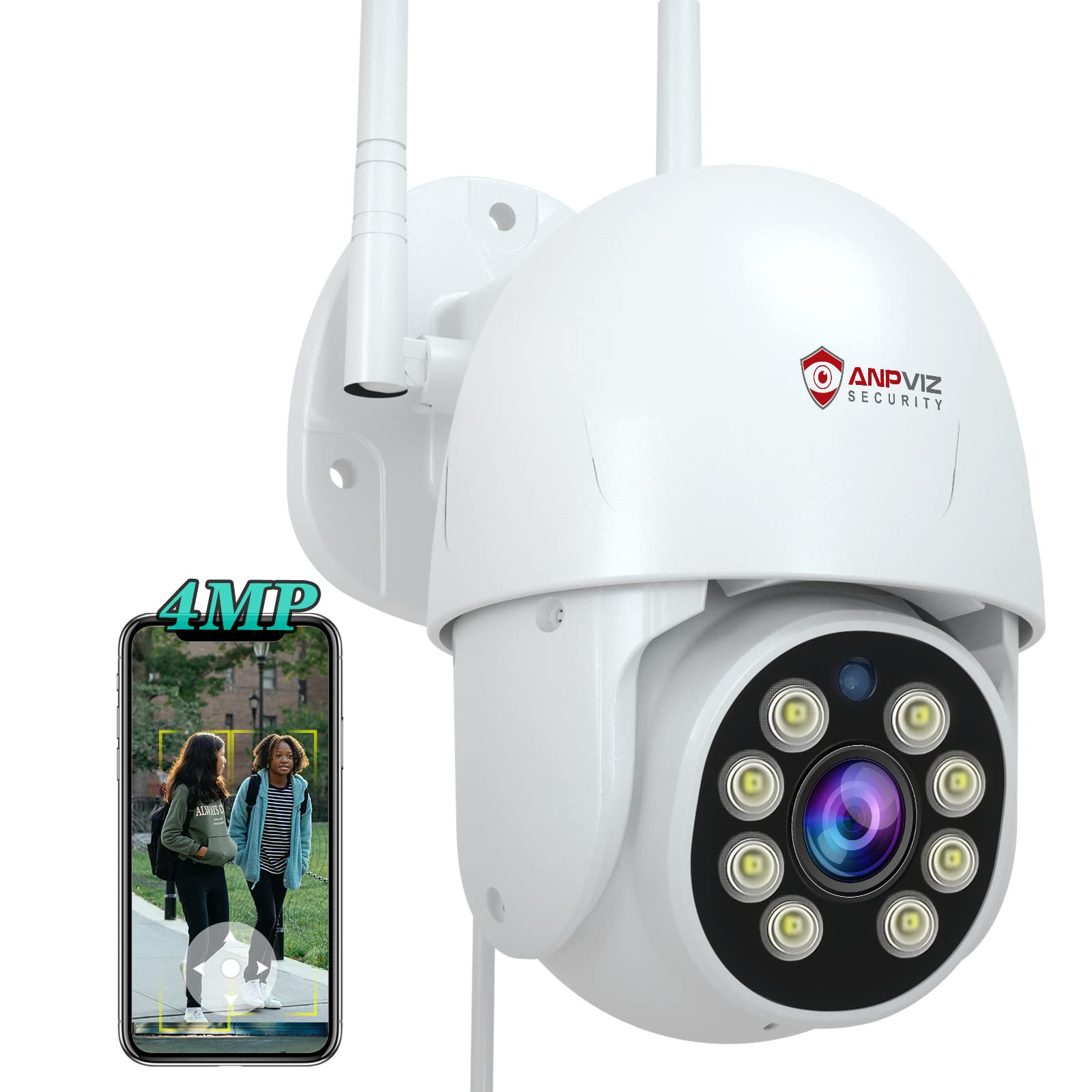 Anpviz 2K戶外安防攝像頭，4MP PTZ IP攝像頭，2.4G無線WiFi安防攝像頭，具備人體自動追蹤、警報器、4倍數碼變焦、彩色夜視、雙向通話和24/7 SD儲存功能。