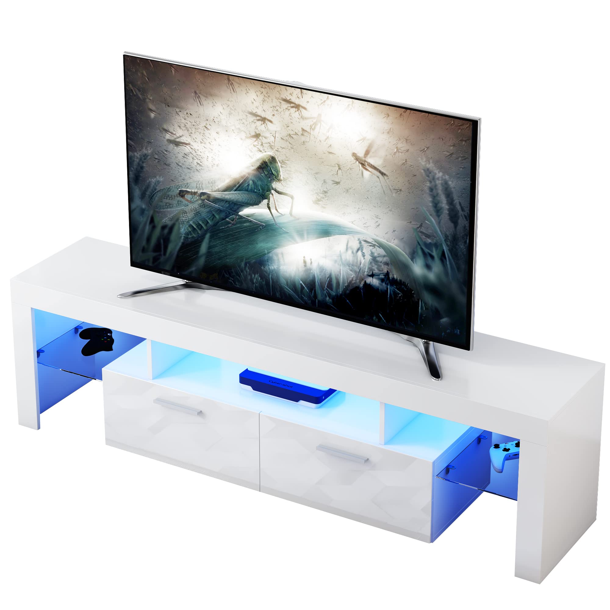 SANYOAC 白色電視櫃，適用於 55/60/65/70/75 吋及以上尺寸的電視，現代娛樂中心，適用於電玩遊戲，帶儲物空間和擱架的 LED 電視櫃，適用於客廳和臥室。