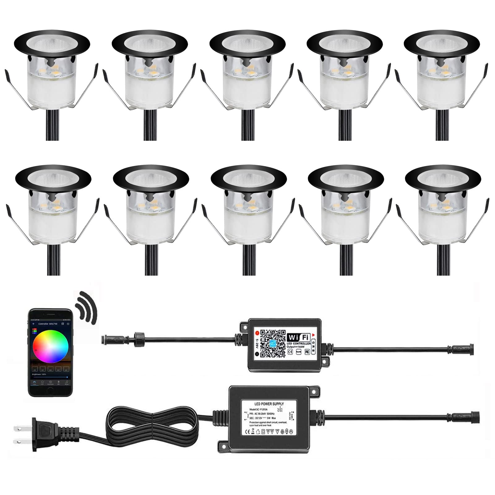 QACA WIFI 控制 LED 甲板燈 多色 RGB 戶外 IP67 防水 Φ1.18" 低壓台階燈 地埋燈，智慧型手機 APP 控制，相容於 Alexa Echo 和 Google Home（10 個裝）