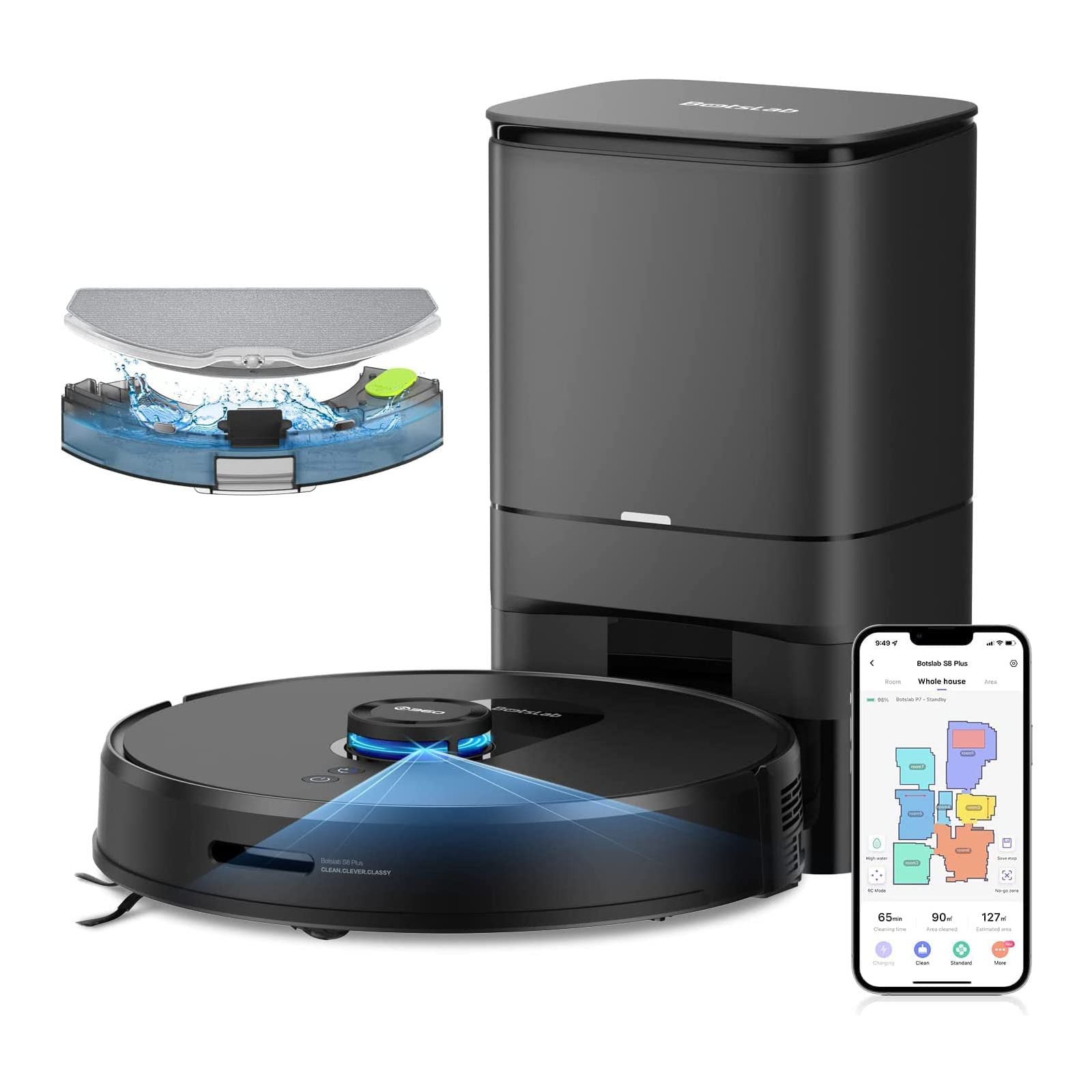 + 360 S8 Plus 掃拖一體機器人，帶自動清空集塵盒、Botslab 雷射雷達導航智慧地圖繪製機器人、2700Pa 吸力、支援 Alexa 語音助手，適用於寵物毛髮、地毯和硬地板。