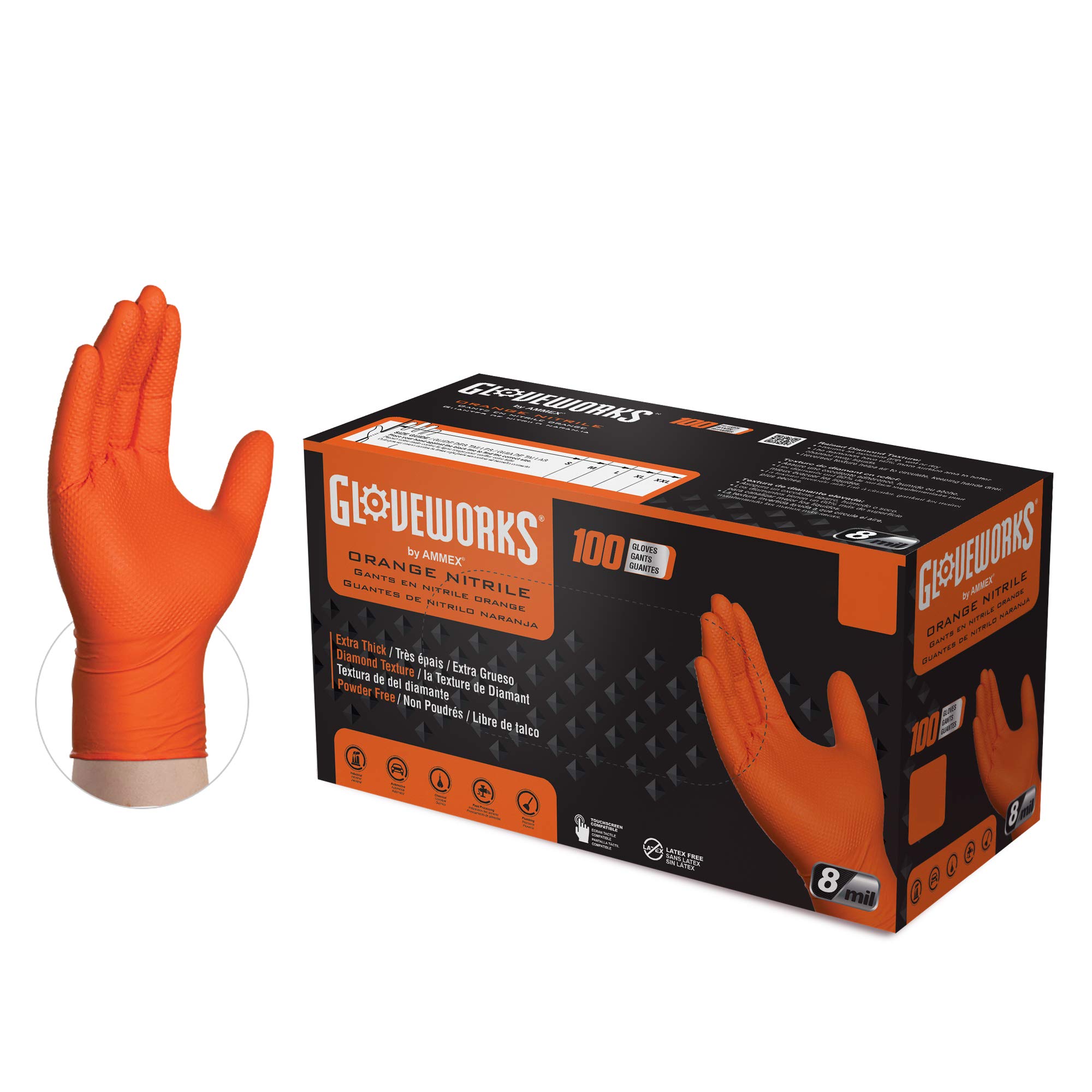 GLOVEWORKS HD 橙色丁腈一次性手套，8 密耳，無乳膠無粉，工業級，食品安全，菱形紋理