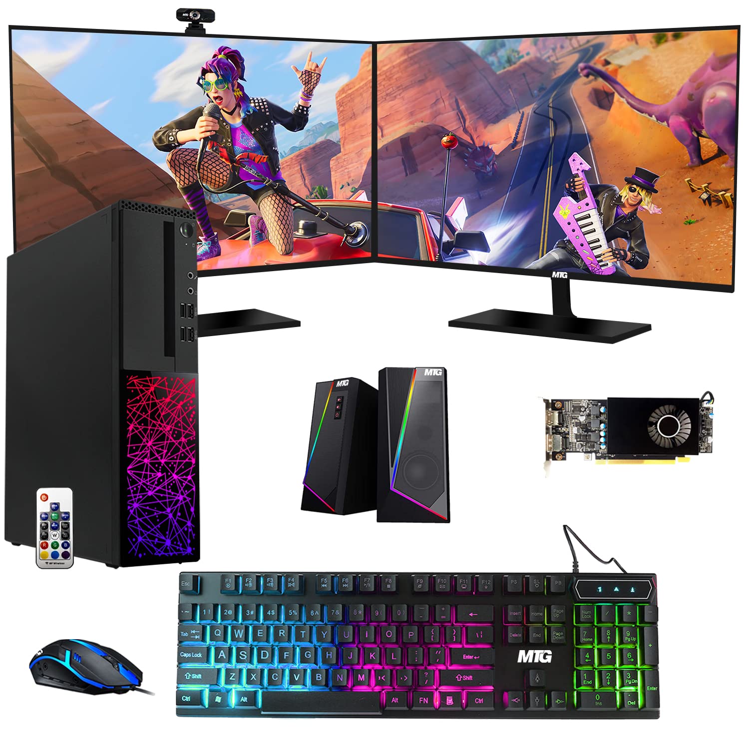 遊戲桌上型電腦，英特爾第六代 i5 處理器，TechMagnet Galaxy 機箱，16GB 內存，1TB 固態硬碟 | 2TB 機械硬碟，MTG 全新雙 24 吋顯示器，AMD RX 550 顯示卡，RGB 鍵盤滑鼠，音箱，網路攝影機，Windows 10 專業版（Windows 10 專業版）