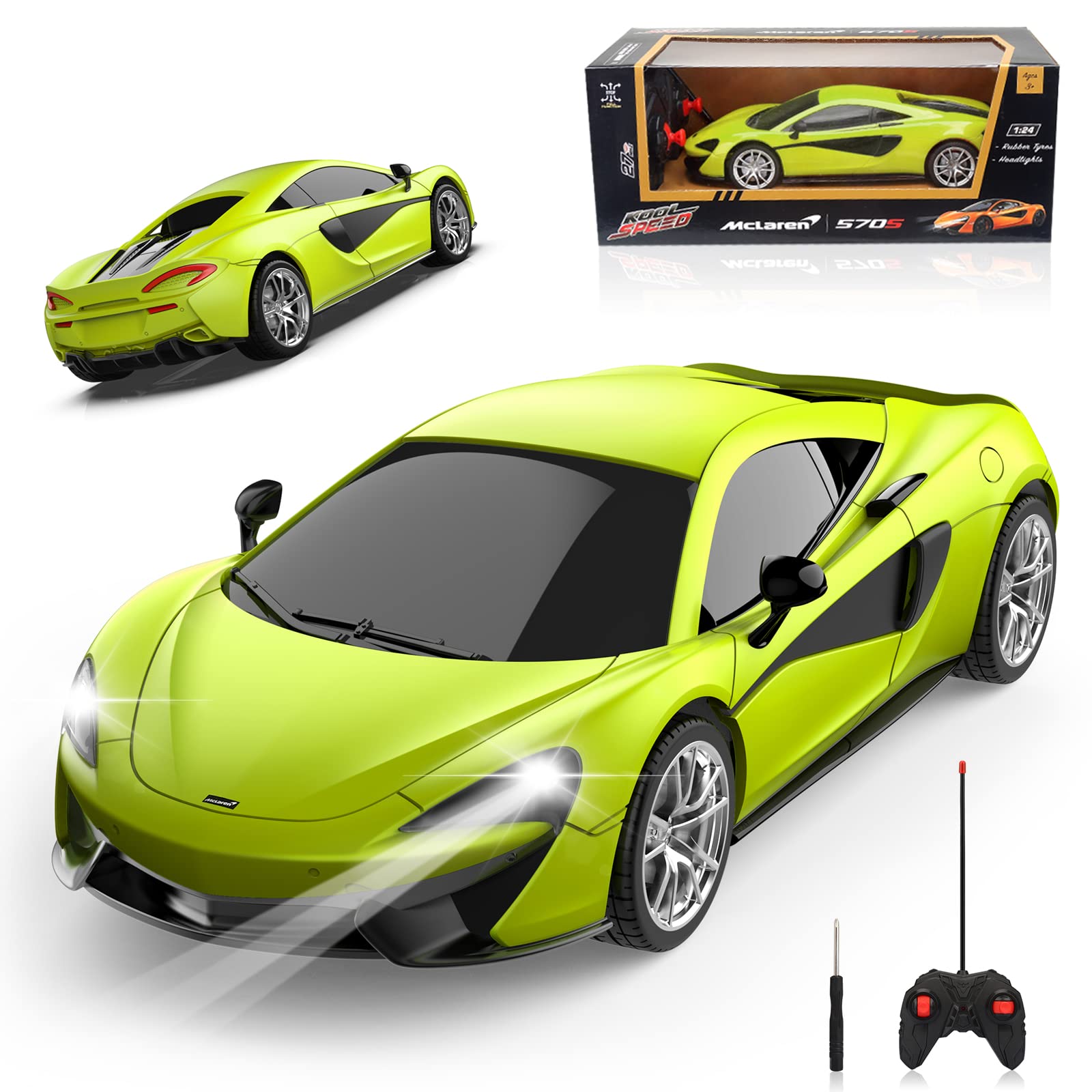 麥克拉倫 570S 遙控車，AEROQUEST RC 遙控車官方授權 1/24 比例模型賽車玩具車，附前燈，適合男孩、女孩、青少年和成人（綠色）