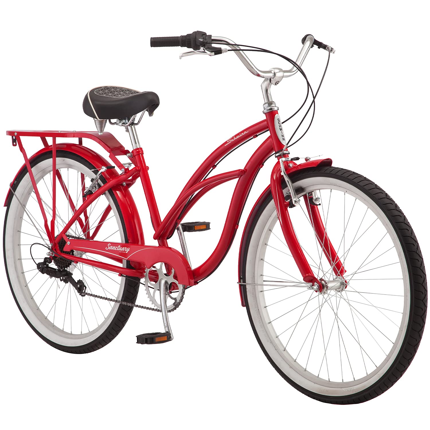 Schwinn Sanctuary 7 男女舒適沙灘巡洋自行車，26 吋車輪，復古風格鋼製跨騎式車架，7 速變速系統，後貨架