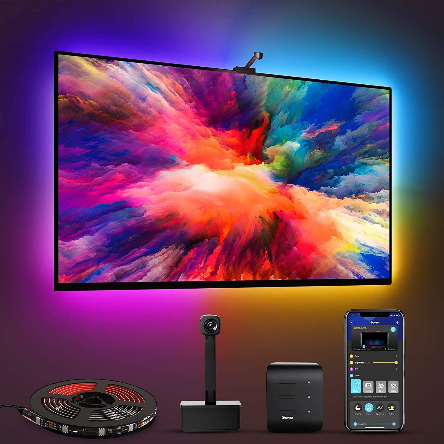 Govee Envisual 電視 LED 背光燈帶攝像頭，DreamView T1 RGBIC Wi-Fi 電視背光燈，適用於 55-65 吋電視和電腦，兼容 Alexa 和 Google Assistant，支援 App 控制，音樂同步，帶適配器，型號 H6199