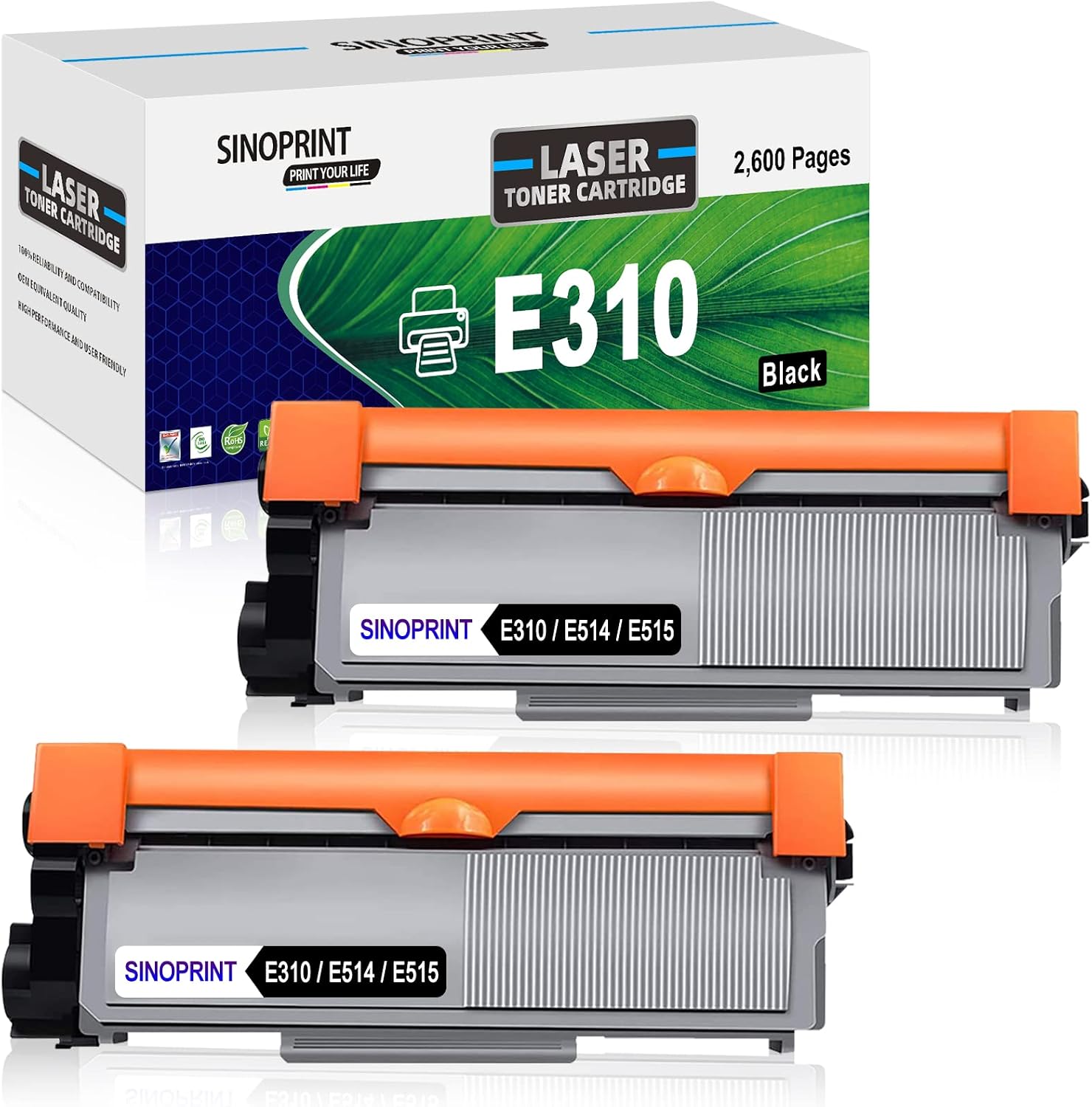 SINOPRINT E310 E310dw 碳粉匣相容於戴爾 E310dw E514dw E515dw E515dn E515 E514 PVTHG 593-BBKD P7RMX 無線黑白印表機墨盒，高容量 2600 頁（黑色，2 支裝）