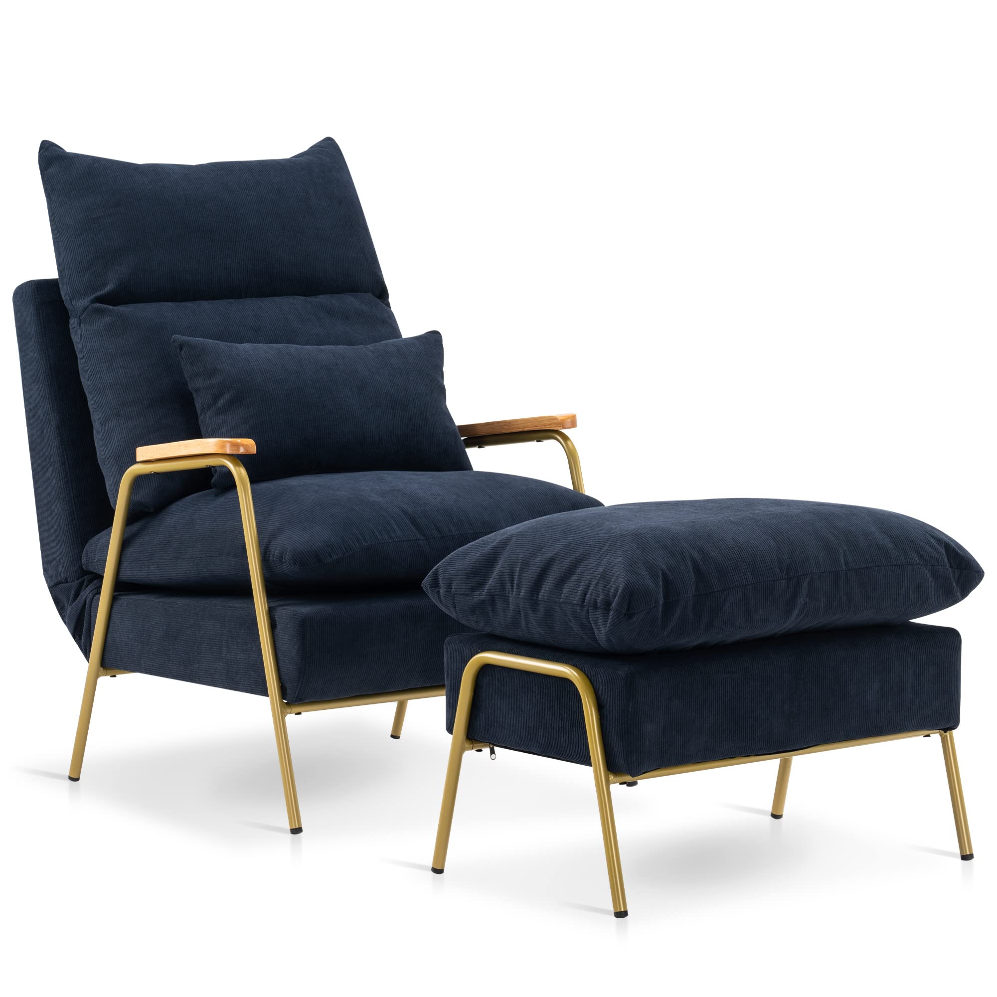 MCombo Accent Recliner with Ottoman, Fabric Arm Club Chair with Metal Legs, Adjustable Backrest and Pillow, Single Sofa Chair for Living Room Bedroom 4058 (Dark Blue, Golden Frame)