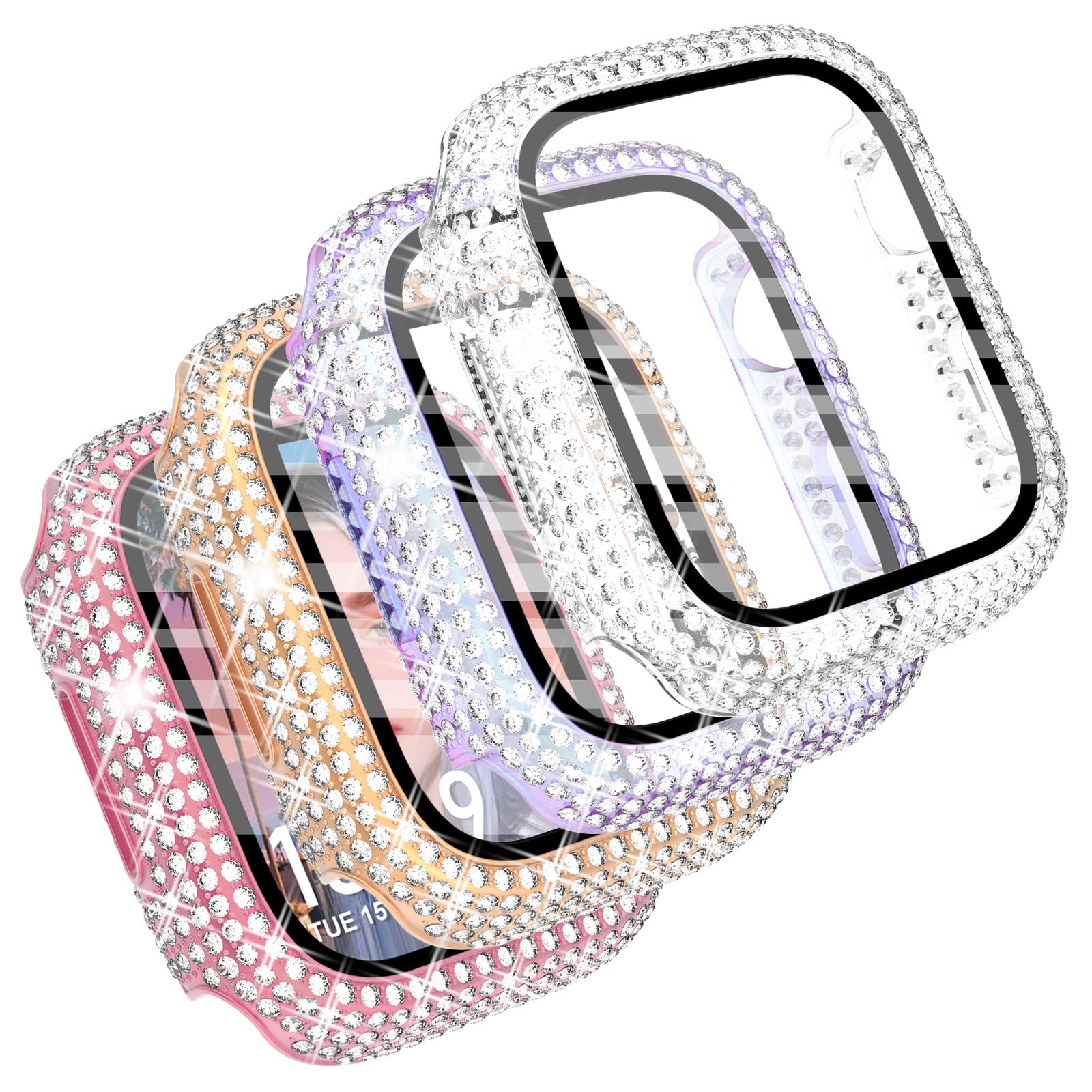CHANCHY 四件裝相容於 Apple Watch 38mm 保護殼，帶螢幕保護貼，鑲嵌 200 顆水晶鑽石，適用於 Apple Watch Series 3/2/1，玫瑰金/粉紅色/彩虹色/透明色，38mm