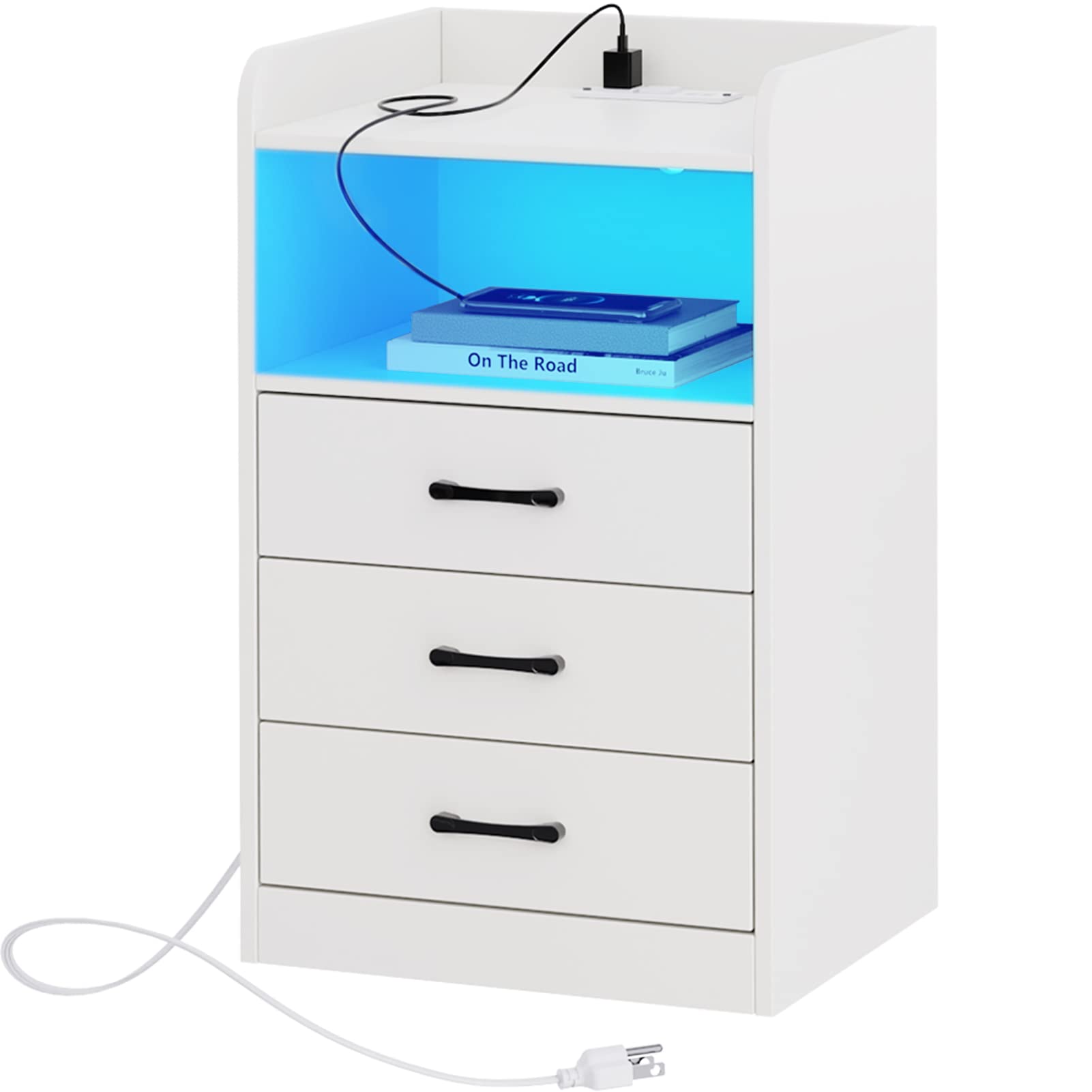 SUPERJARE 床頭櫃，帶 LED 燈帶和充電站 - 三抽屜臥室邊桌，2 個 USB 接口，2 個電源插座，帶遙控器，開放式儲物空間，金屬把手 - 白色