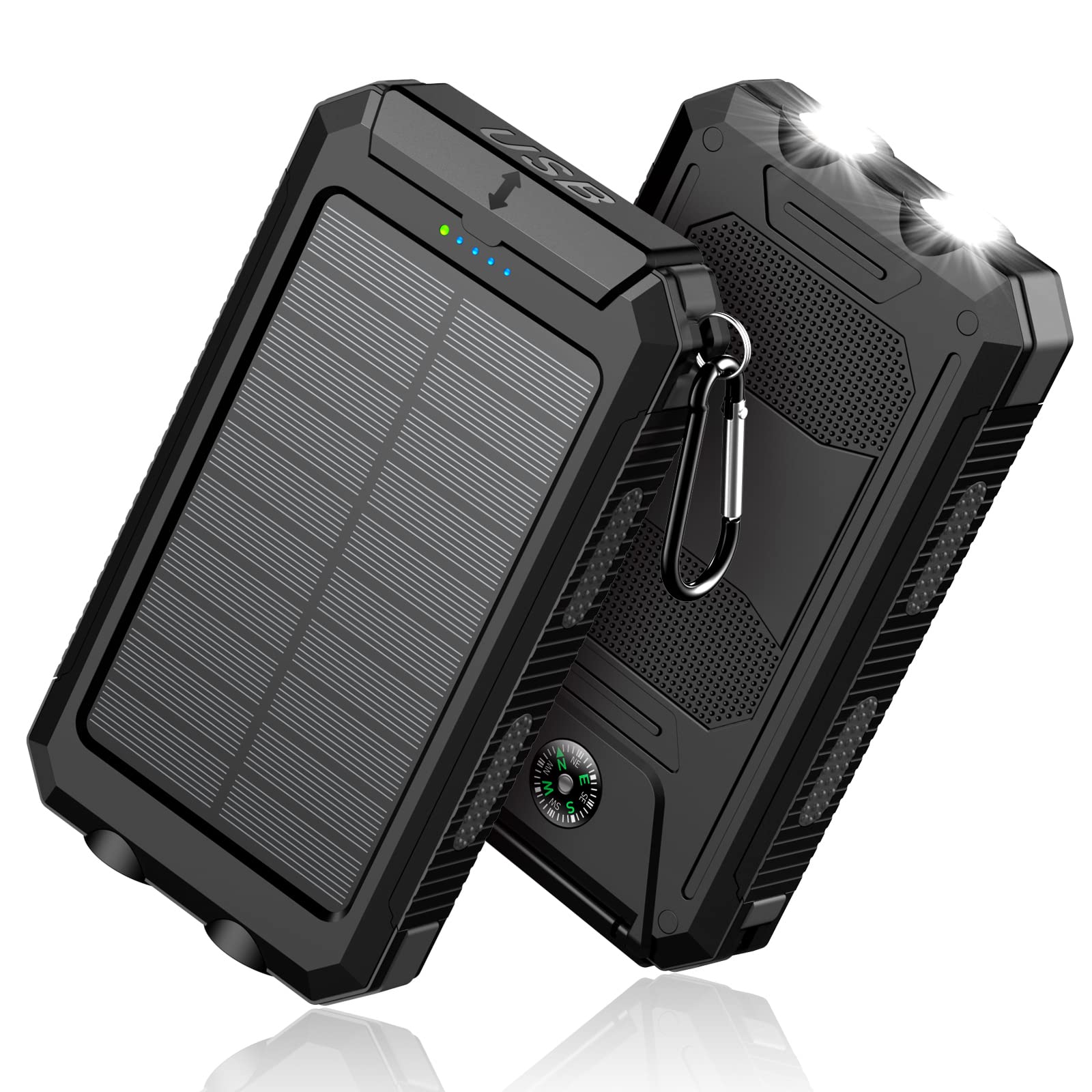 Feeke 太陽能充電寶 - 36800mAh 便攜式充電器，QC3.0 快充，雙 USB 接口，內置 LED 手電筒和指南針，適用於所有手機和電子設備（黑色）