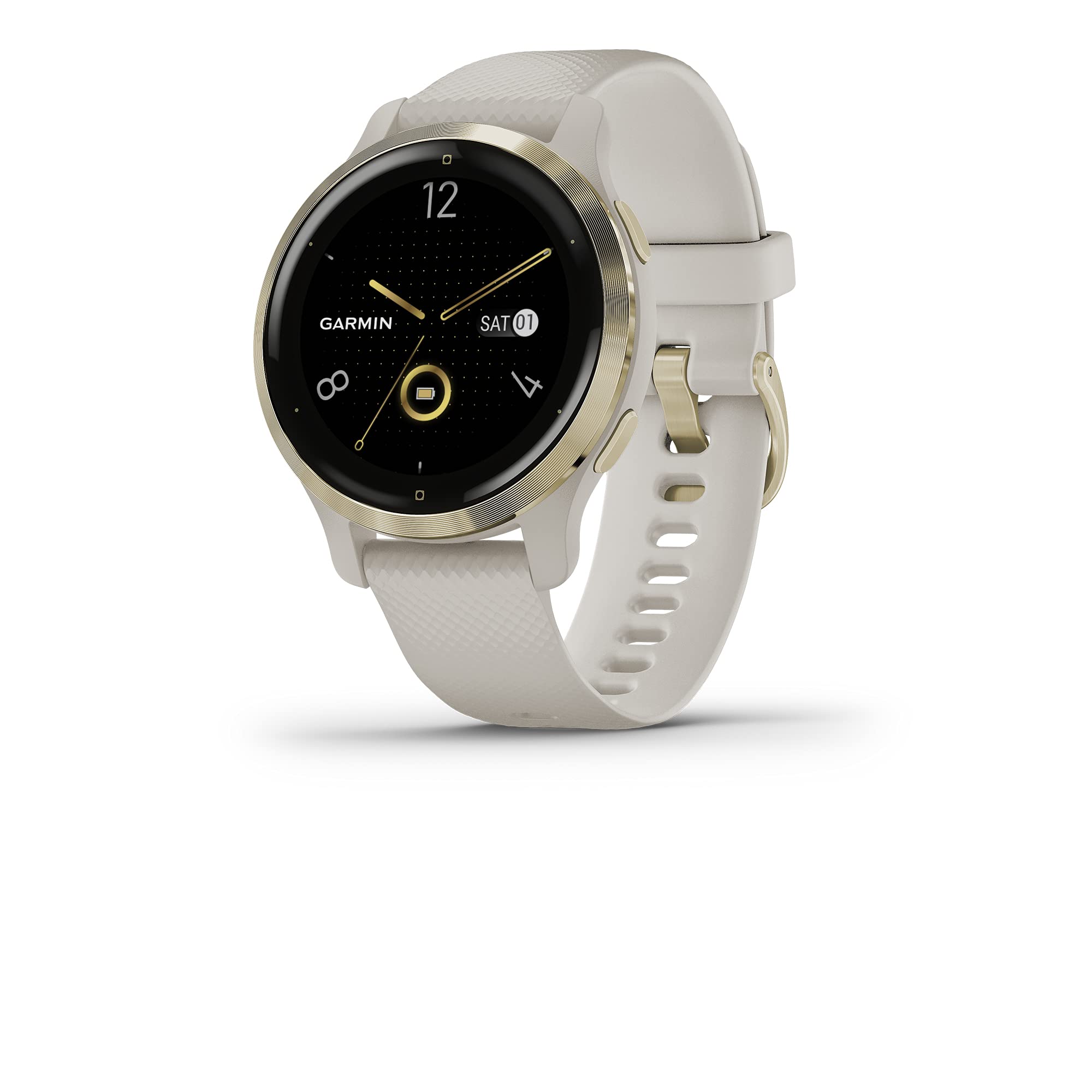 Garmin Venu 2S，小巧 GPS 智慧手錶，具備高級健康監測和健身功能，淺金色錶圈搭配棕褐色錶殼和矽膠錶帶。