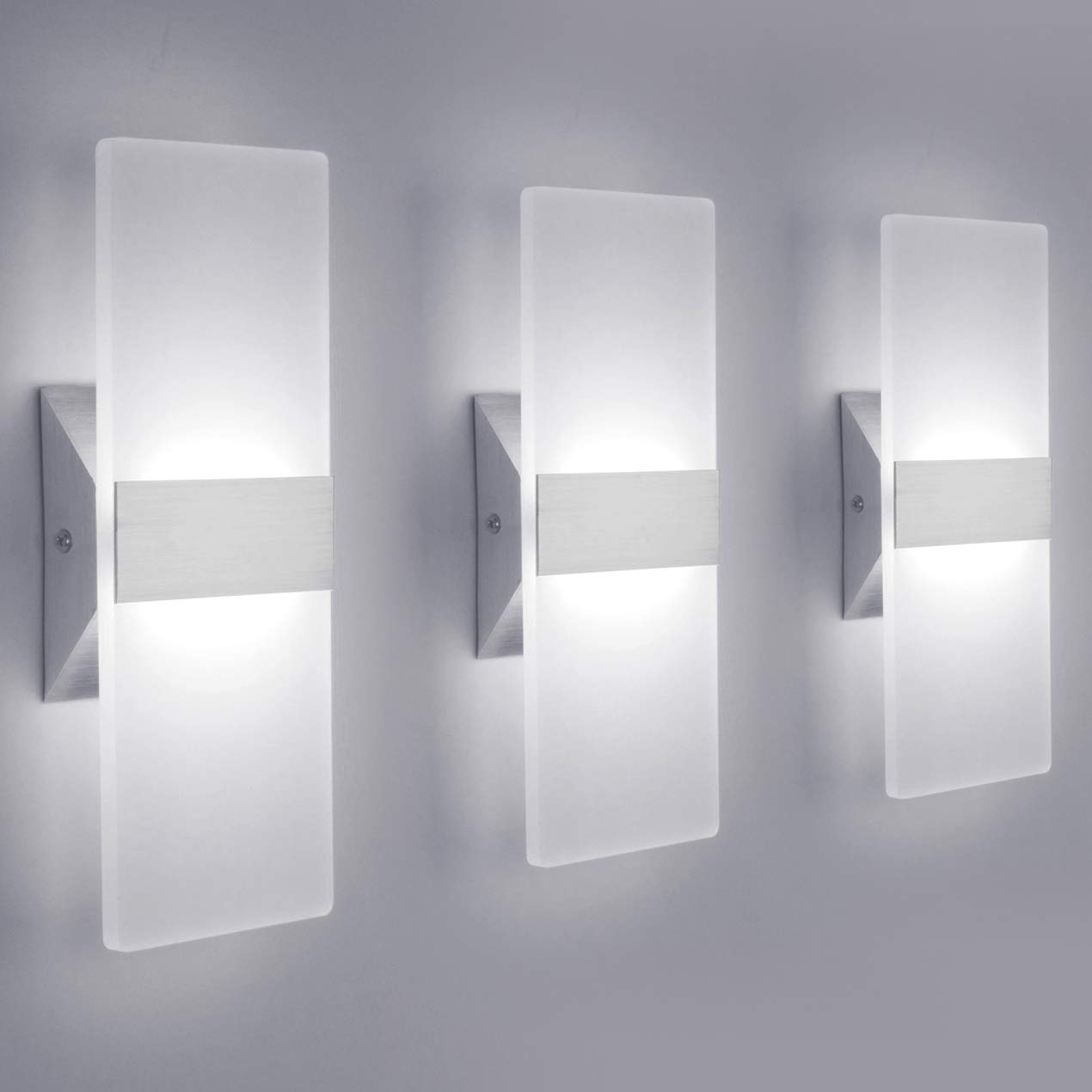 LED壁燈 現代壁燈 12W 冷白光 6000K 上下照射 室內壓克力照明燈具 適用於客廳、臥室、走廊、陽光房、家居房間裝飾 不可調光 無插頭（3個裝）