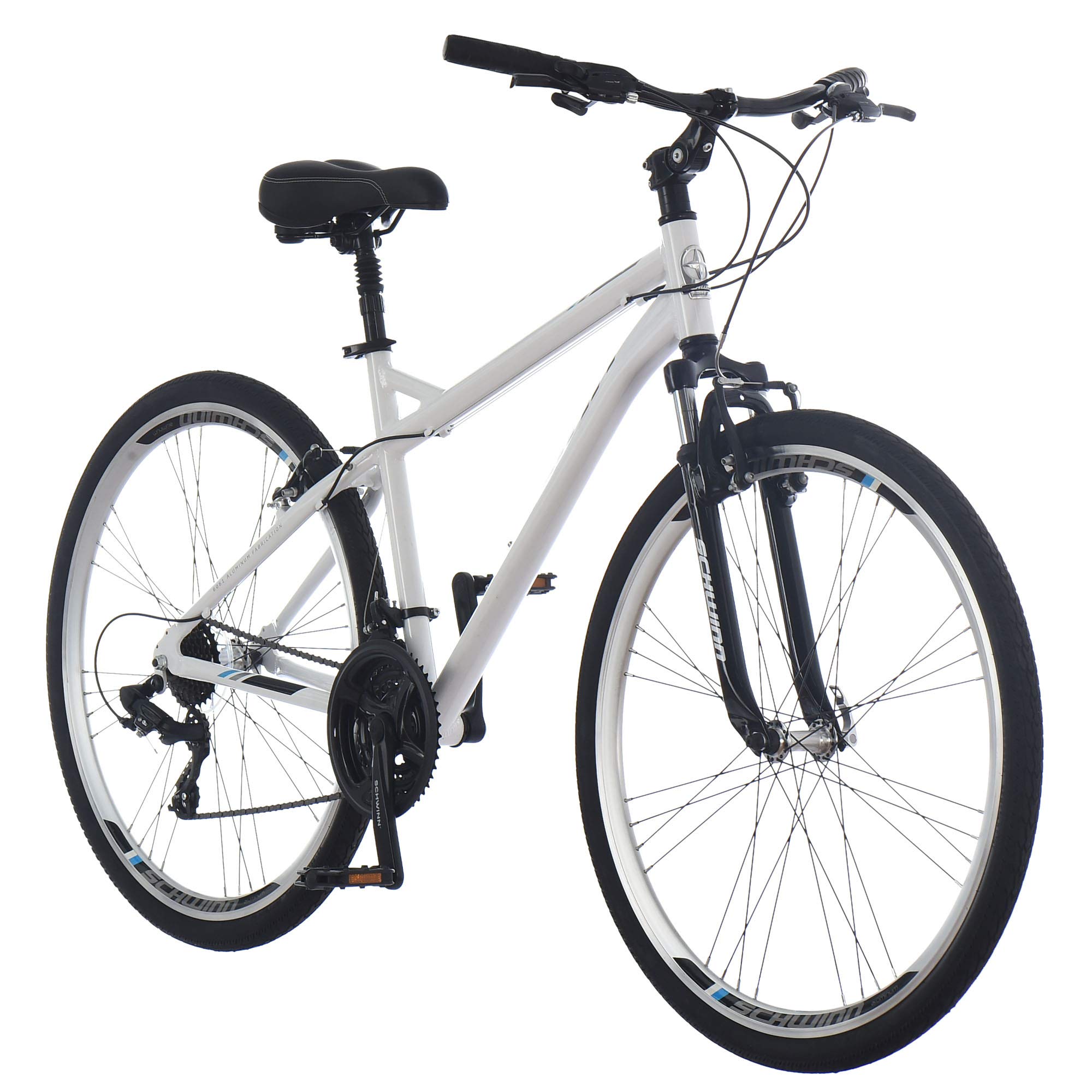 Schwinn Network 男女混合自行車，700c 車輪，15-18 吋成人車架，前避震鋁合金線性煞車