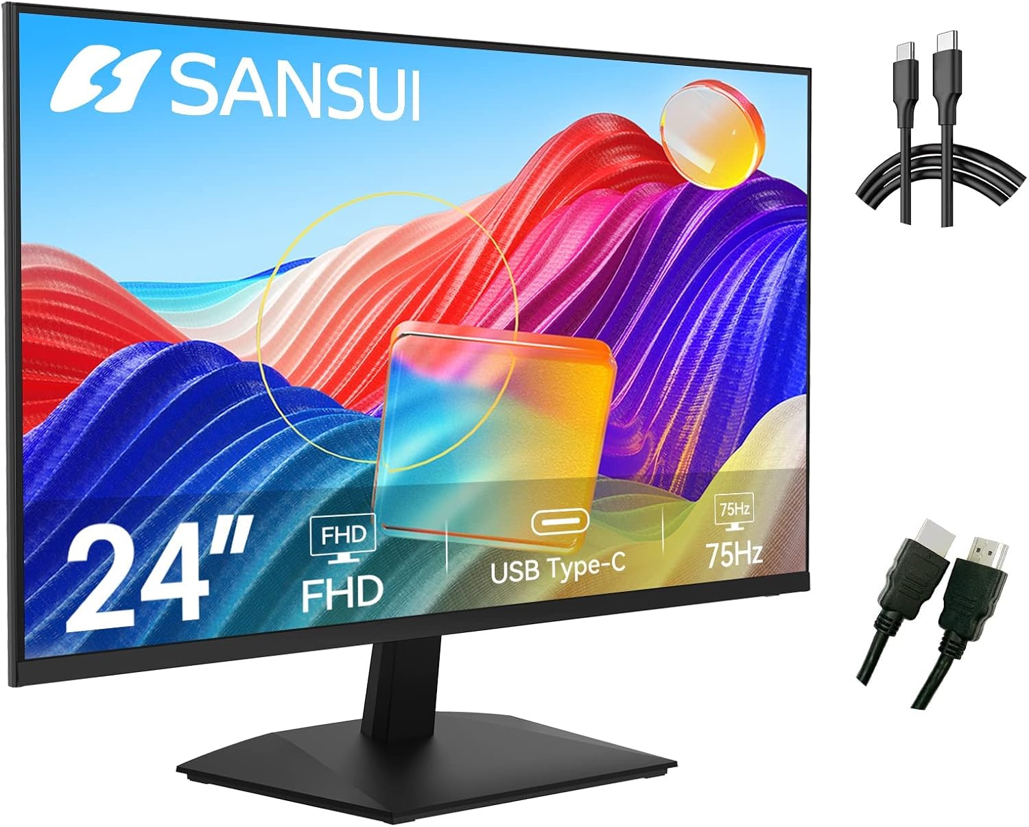 SANSUI 24吋全高清電腦顯示器，配備USB Type-C接口、內建揚聲器和耳機，超薄人體工學設計，支援傾斜功能，護眼模式，75Hz刷新率，配備HDMI和VGA接口，適用於家庭辦公（ES-24F1，含Type-C線和HDMI線）。