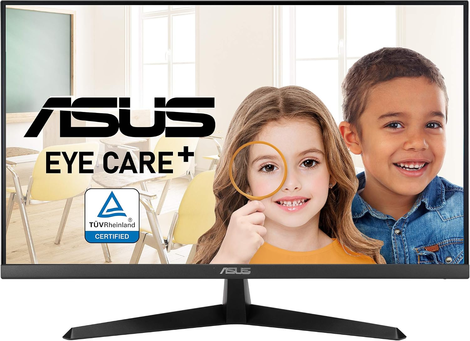 ASUS VY279HE 27 吋愛眼顯示器，1080P 全高清，75Hz 更新率，IPS 面板，1ms 反應時間，支援 Adaptive-Sync、Eye Care Plus 和色彩增強功能，配備 HDMI 和 VGA 接口，無邊框設計，支援 VESA 壁掛安裝