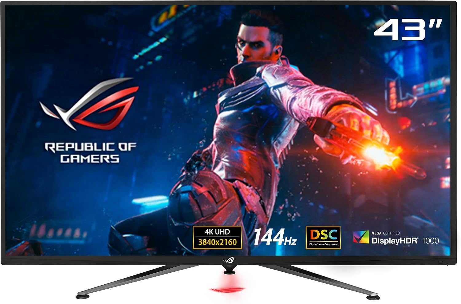 華碩 ROG Swift PG43UQ 43英寸 4K HDR DSC 電競顯示器，(3840 x 2160) 分辨率，144Hz 刷新率，兼容 G-SYNC，1ms 響應時間，支援護眼模式、DisplayHDR 1000，配備 DisplayPortPort、HDMI 和 USB 接口，支援神同步。