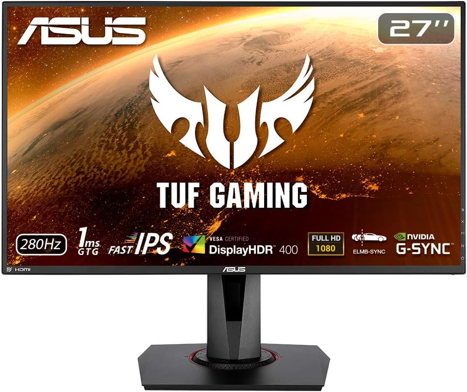 ASUS TUF Gaming VG279QM 27 吋 HDR 顯示器，1080P 全高清 (1920 x 1080)，快速 IPS 面板，280Hz 更新率，相容於 G-SYNC，支援極低運動模糊同步 (ELMB SYNC)，1ms 反應時間，DisplayHDR 支援極低運動模糊同步 (ELMB SYNC)，1ms 反應時間，DisplayHDR 400