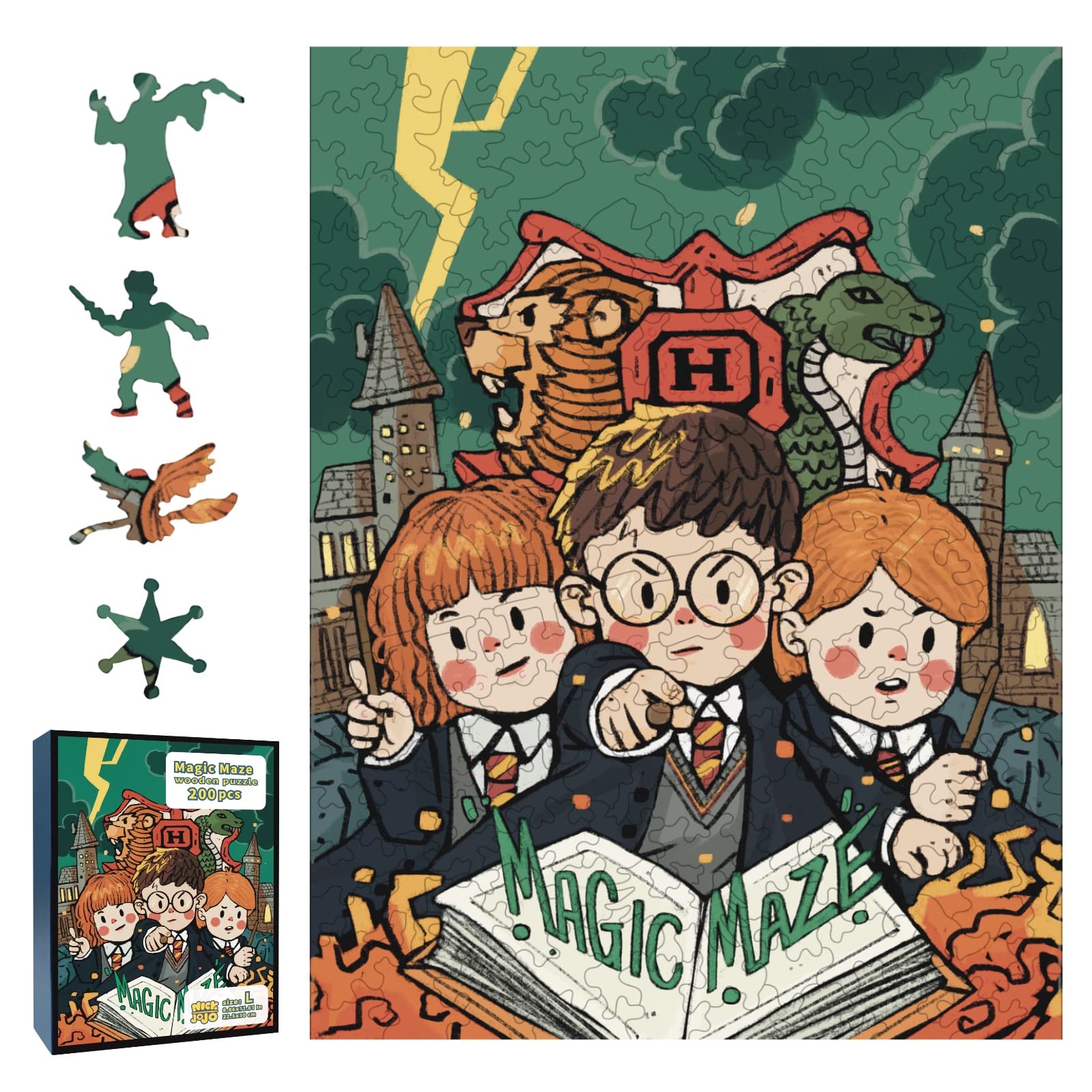 木製拼圖 - 魔幻迷宮，200 片 - 8.86x11.81 英寸，獨家作者設計，獨特造型，精美禮物，適合成人和兒童