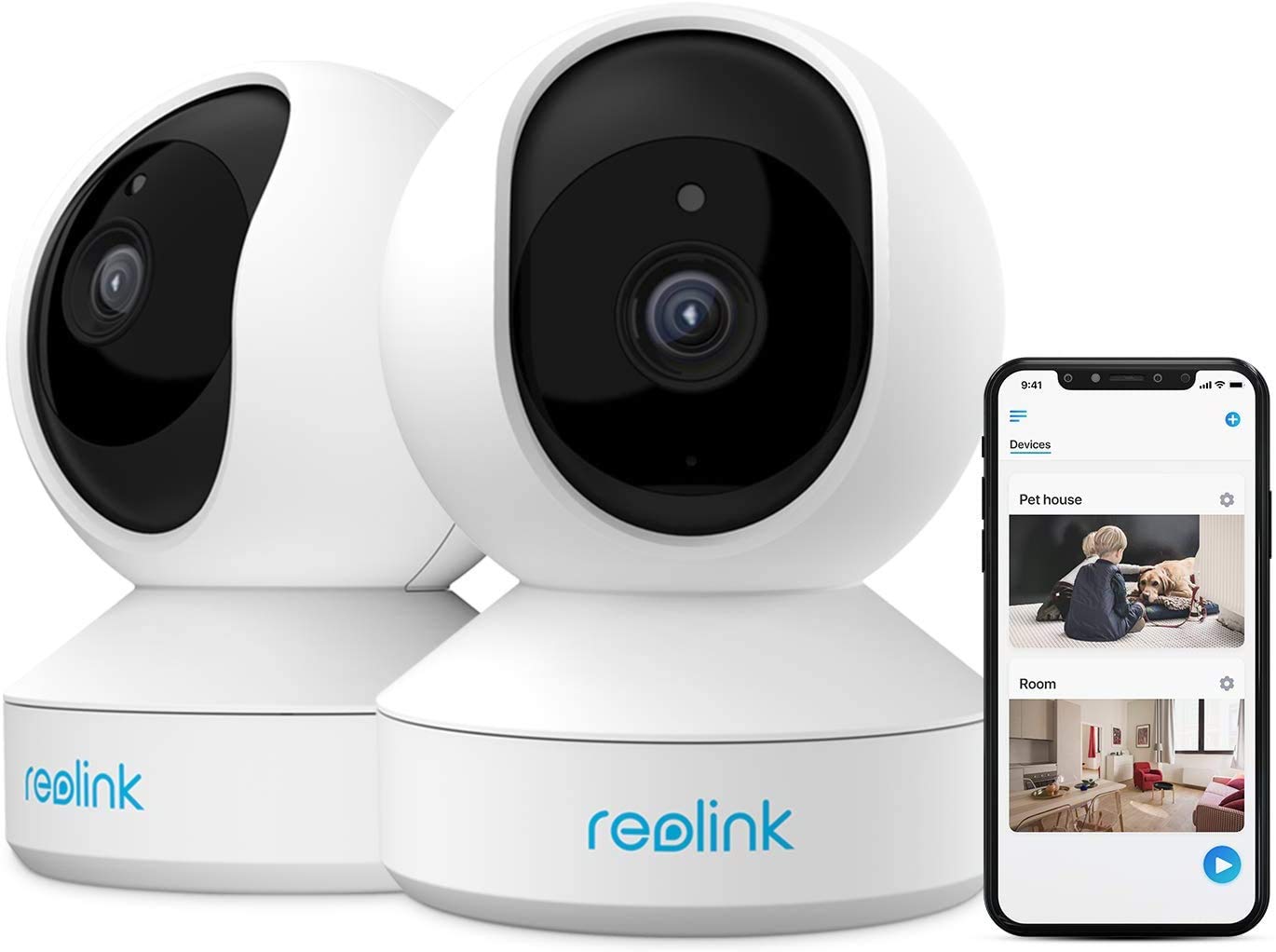 REOLINK 家庭安防攝影機系統，3MP 高清插入式室內 WiFi 攝像頭，可雲台寵物攝像頭，嬰兒監視器，夜視功能，雙向語音，移動偵測警報，本地 SD 卡存儲，E1（2 件裝）