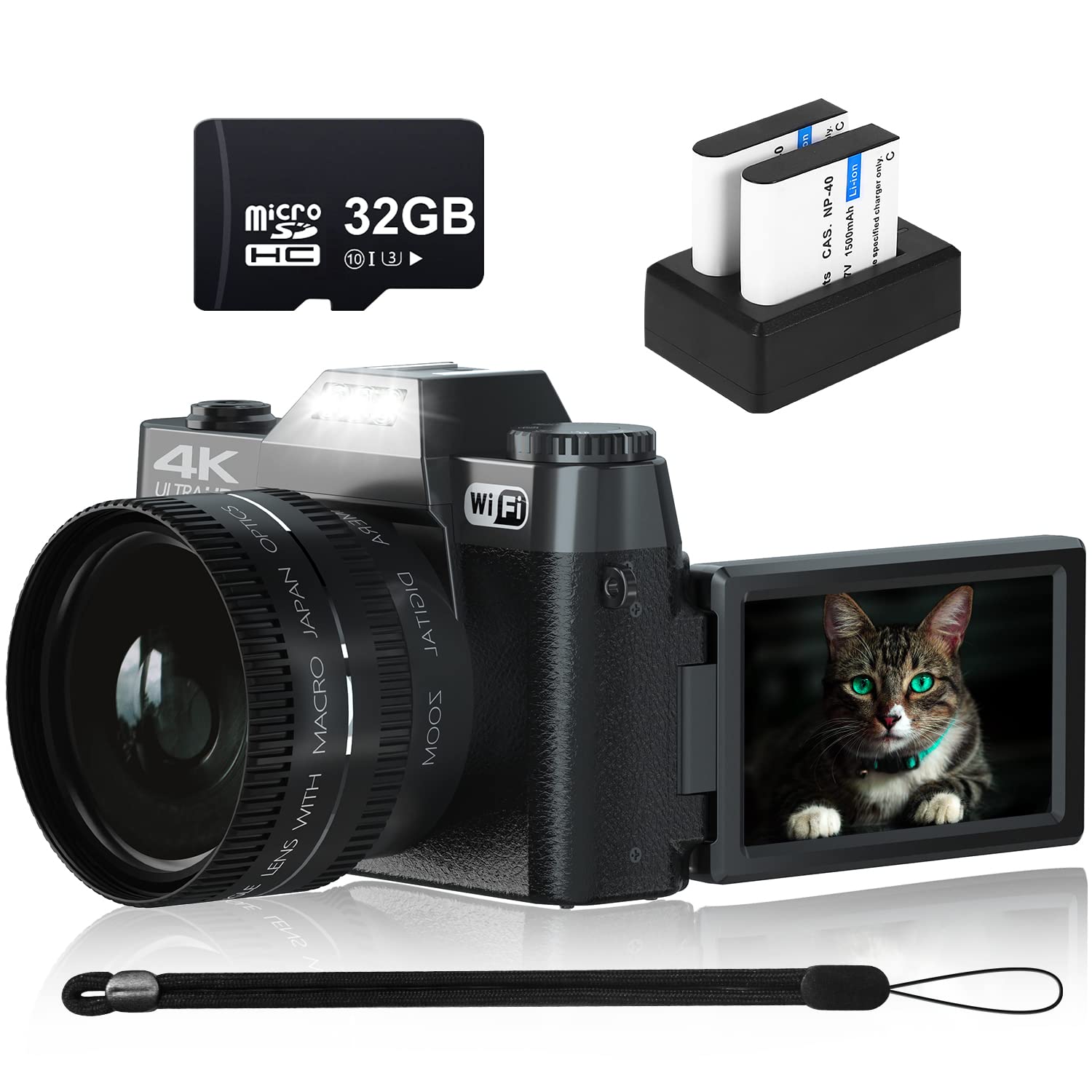 VJIANGER 數位相機，適用於攝影、4K 48MP Vlog 和 YouTube，附 WiFi、16 倍數位變焦、52mm 廣角和微距鏡頭、2 顆電池、32GB TF 卡（W02-黑色2）