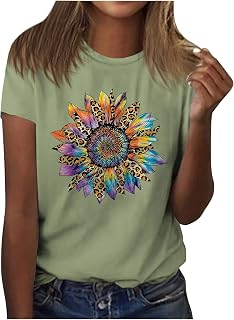 女士向日葵襯衫 花卉圖案T卹 信仰主題襯衫 花卉圓領純棉夏季短袖襯衫